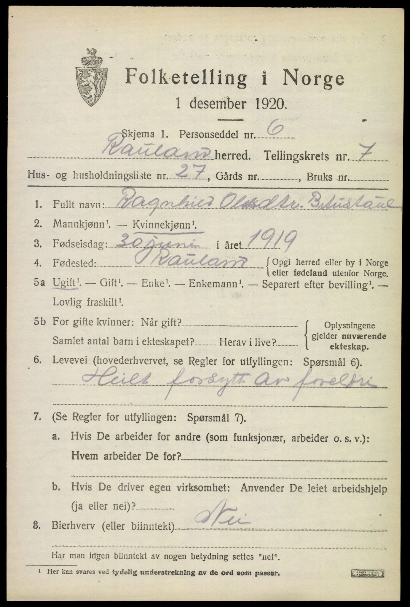 SAKO, 1920 census for Rauland, 1920, p. 1794