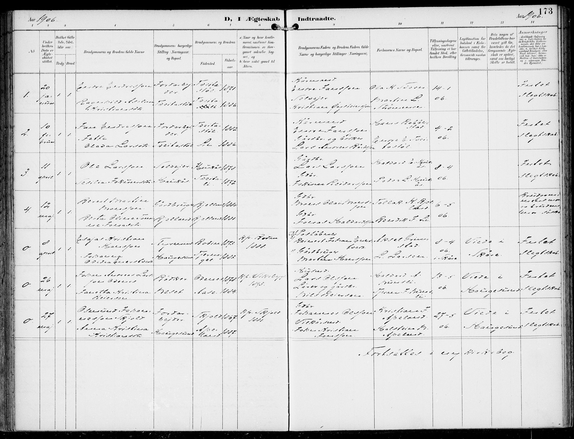 Sveio Sokneprestembete, AV/SAB-A-78501/H/Haa: Parish register (official) no. B  3, 1894-1906, p. 173