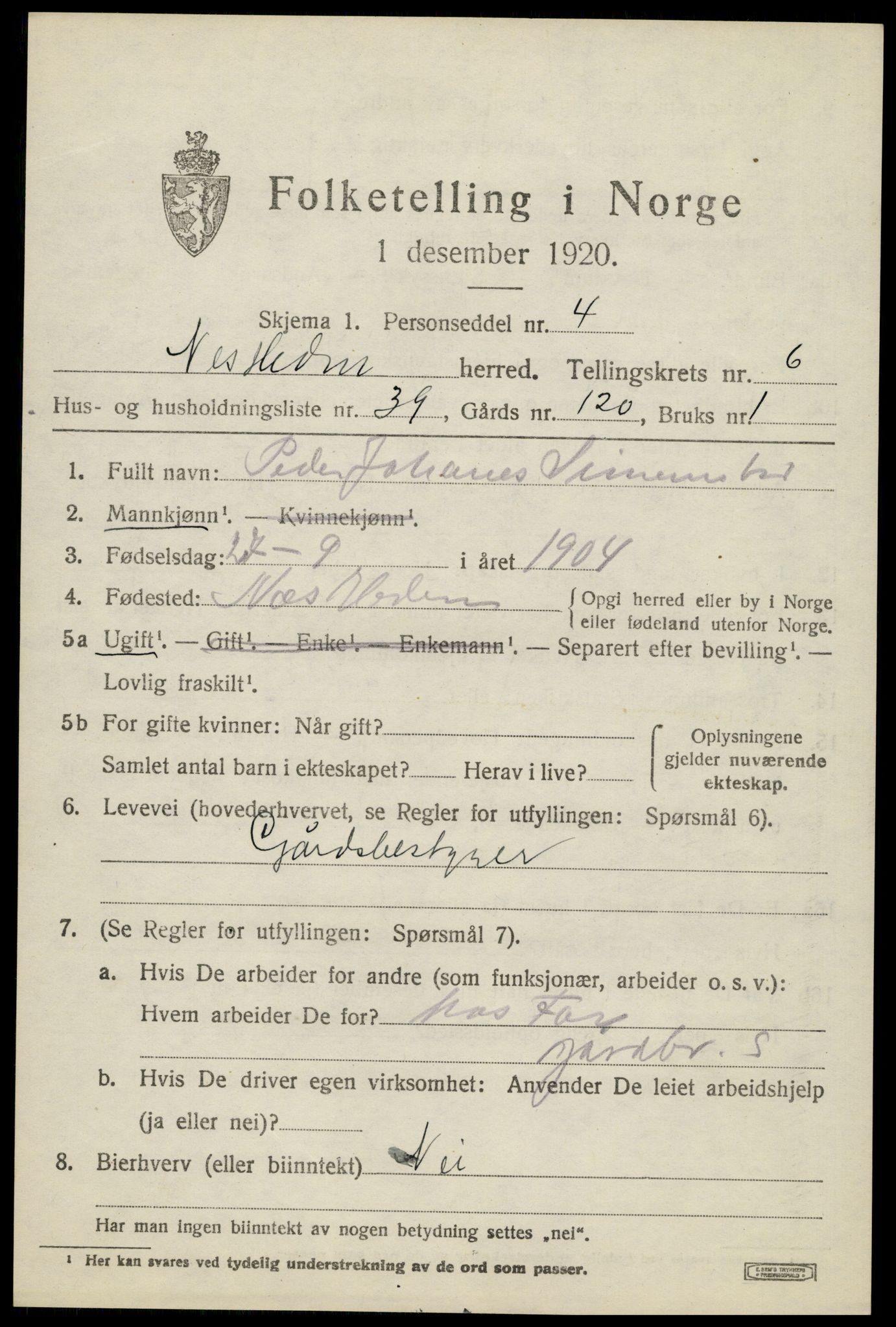 SAH, 1920 census for Nes (Hedmark), 1920, p. 8272