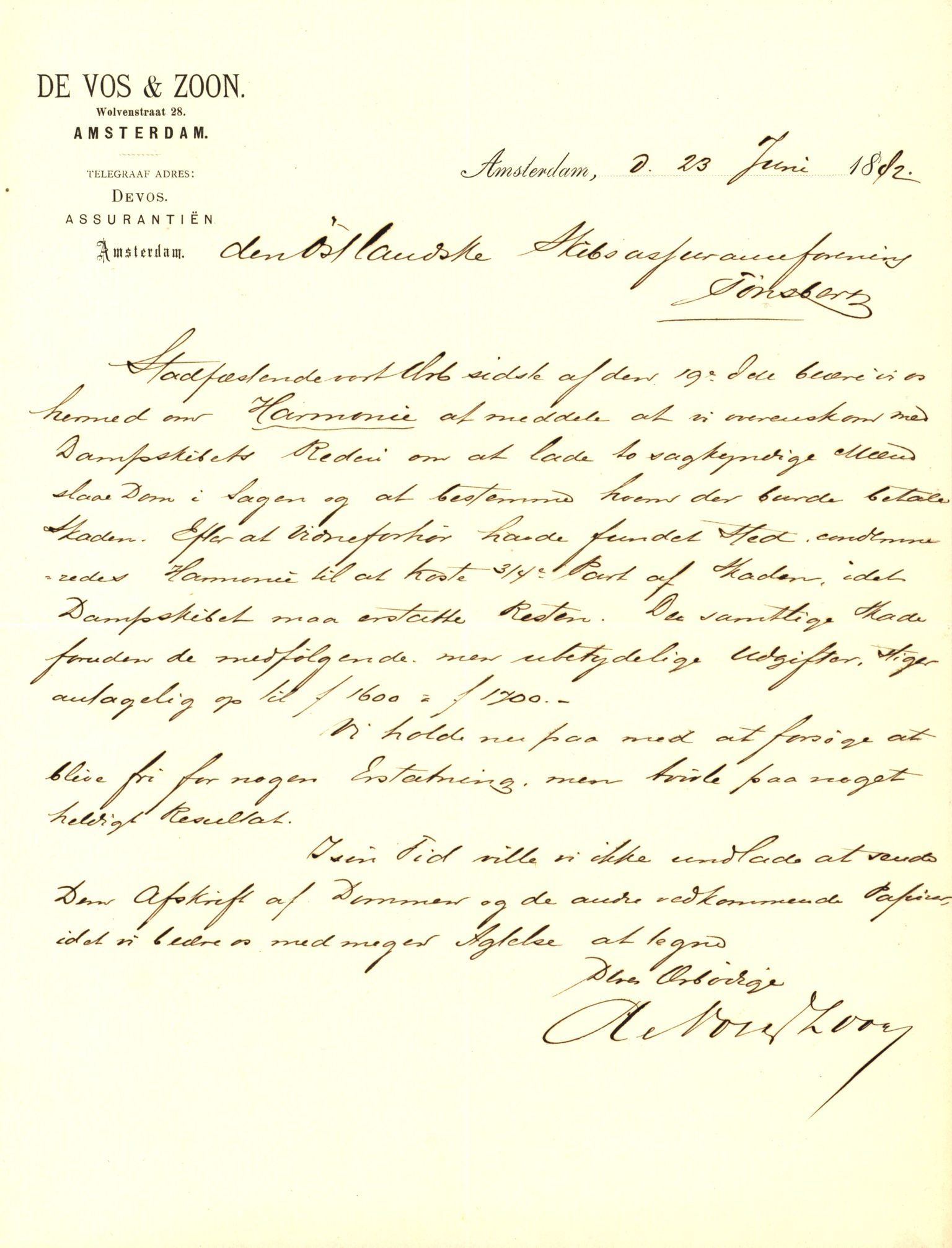 Pa 63 - Østlandske skibsassuranceforening, VEMU/A-1079/G/Ga/L0015/0005: Havaridokumenter / Harmoni, Henrik Wergeland, Mjølner, Lindesnæs, 1882, p. 12