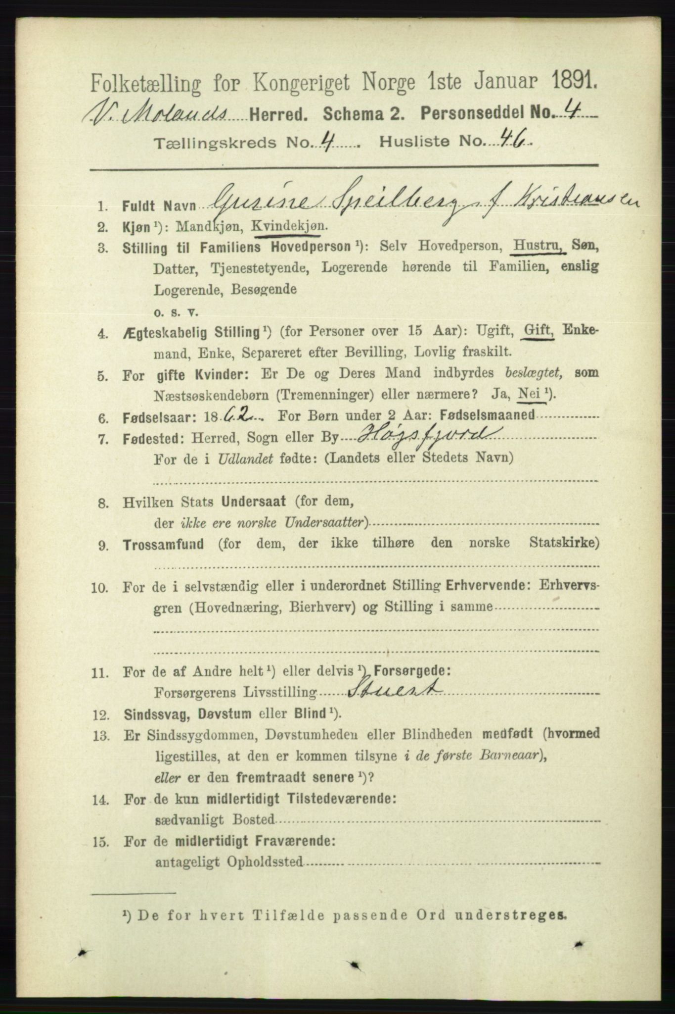 RA, 1891 census for 0926 Vestre Moland, 1891, p. 1567