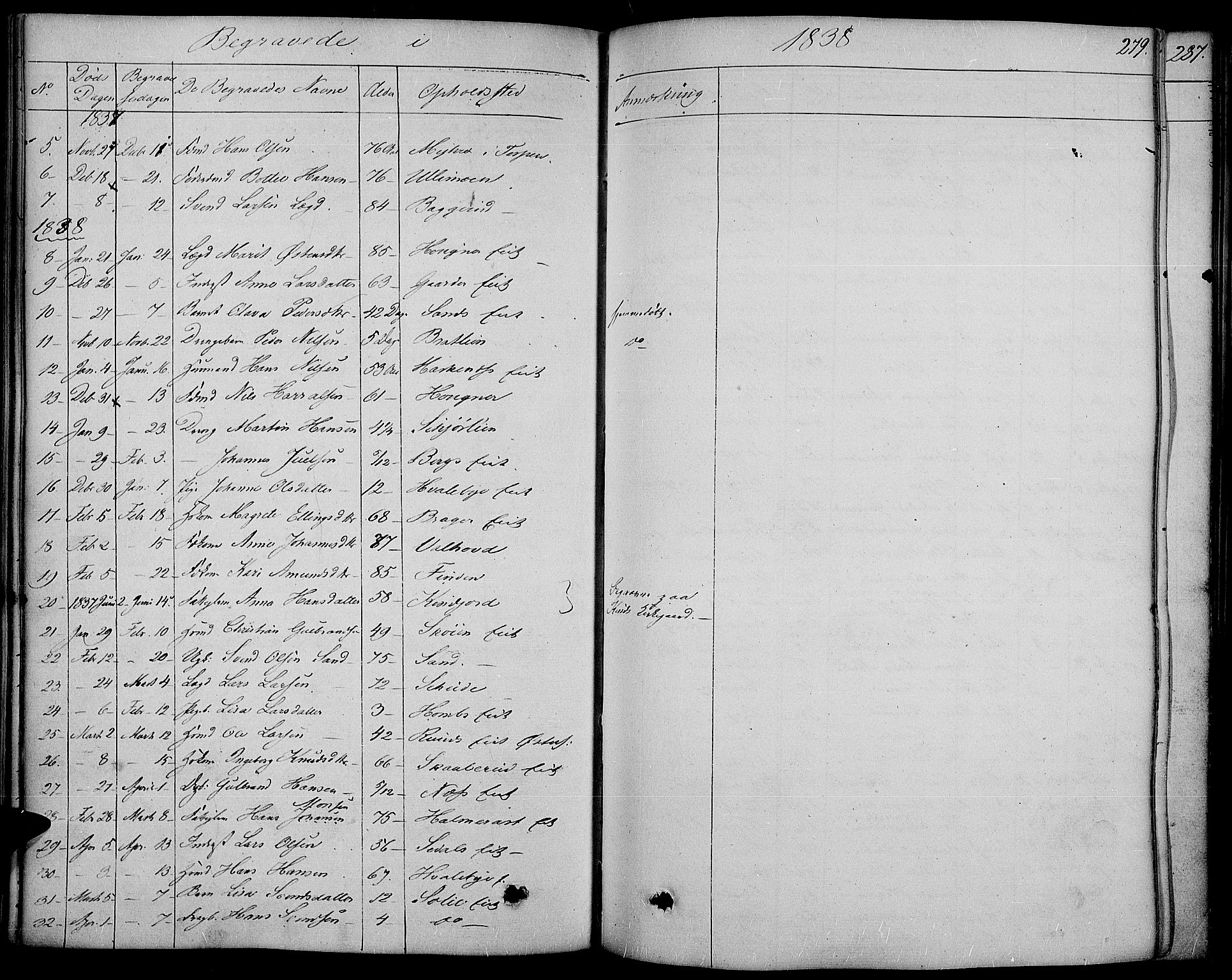 Land prestekontor, SAH/PREST-120/H/Ha/Haa/L0008: Parish register (official) no. 8, 1830-1846, p. 279