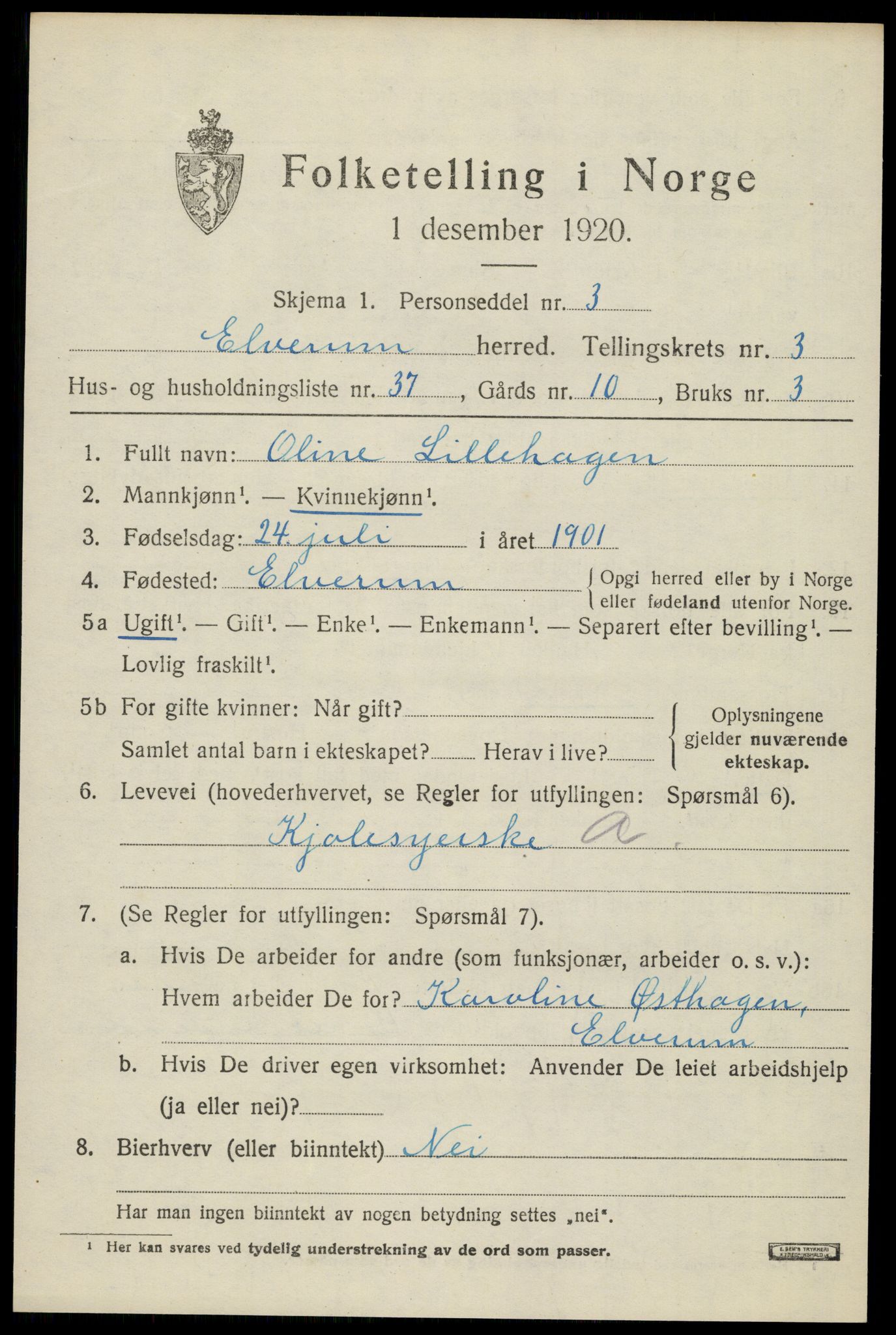 SAH, 1920 census for Elverum, 1920, p. 6420