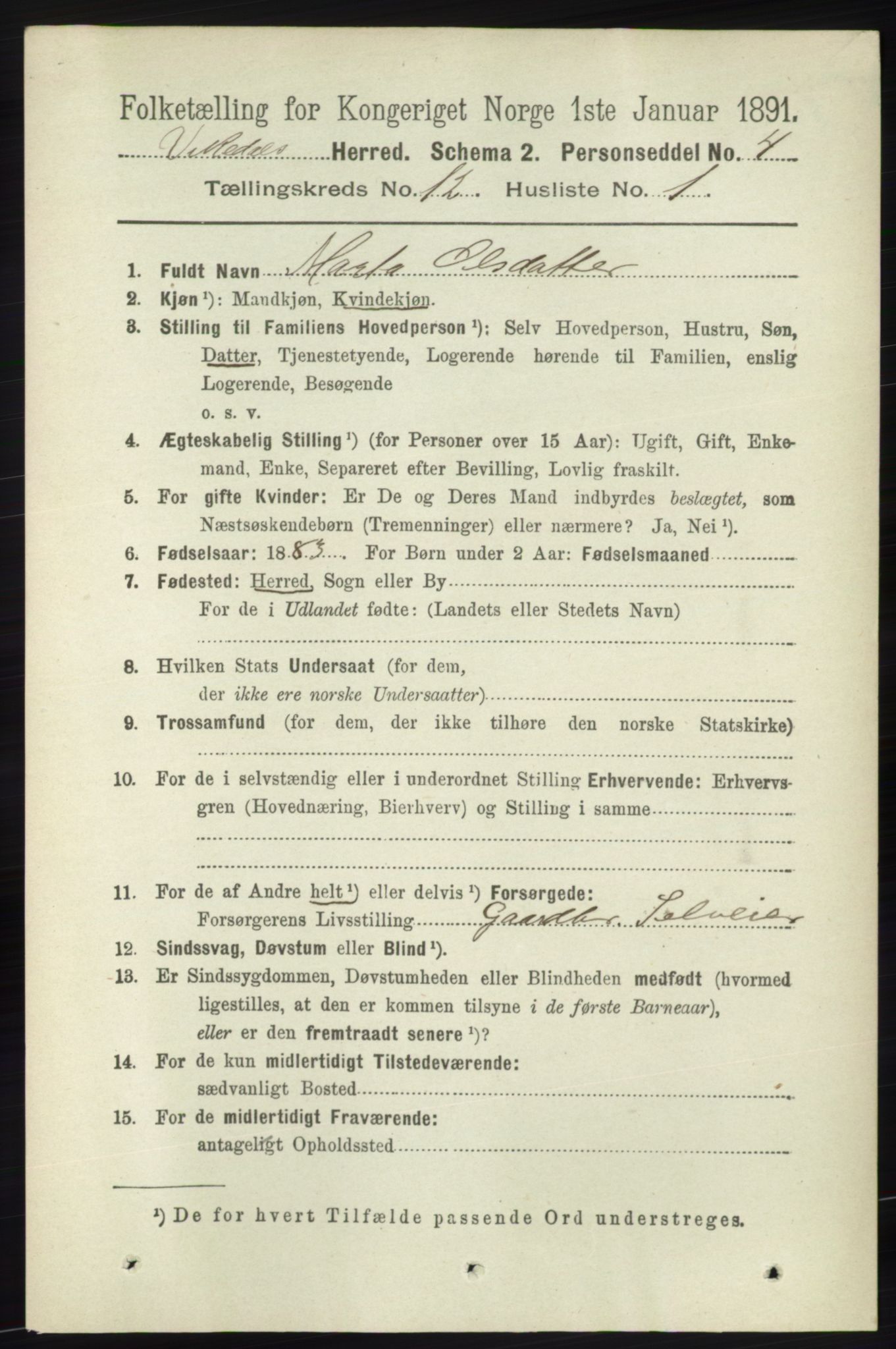 RA, 1891 census for 1157 Vikedal, 1891, p. 3185