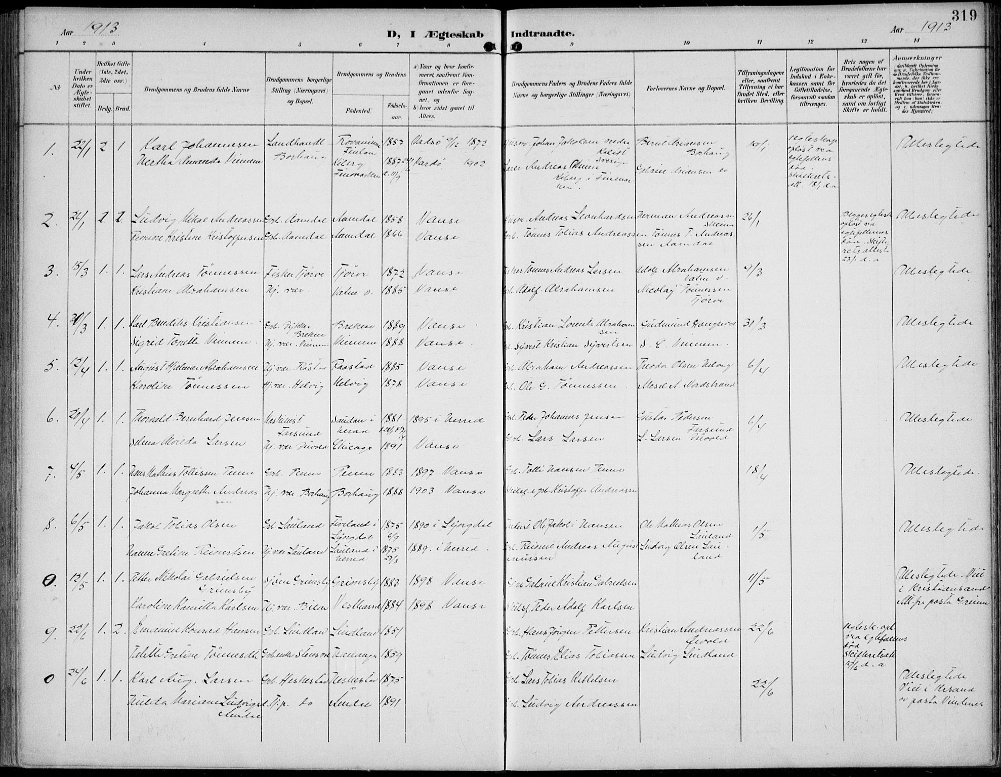 Lista sokneprestkontor, SAK/1111-0027/F/Fb/L0005: Parish register (copy) no. B 5, 1892-1923, p. 319