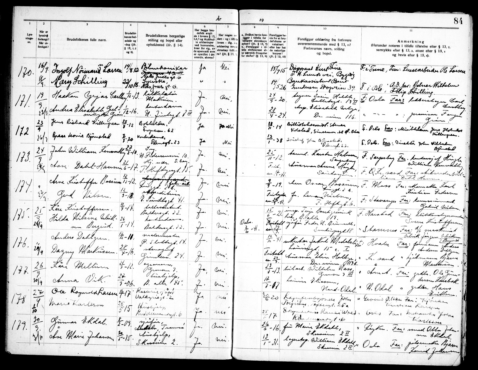 Frogner prestekontor Kirkebøker, SAO/A-10886/H/Ha/L0009: Banns register no. 9, 1938-1945, p. 84