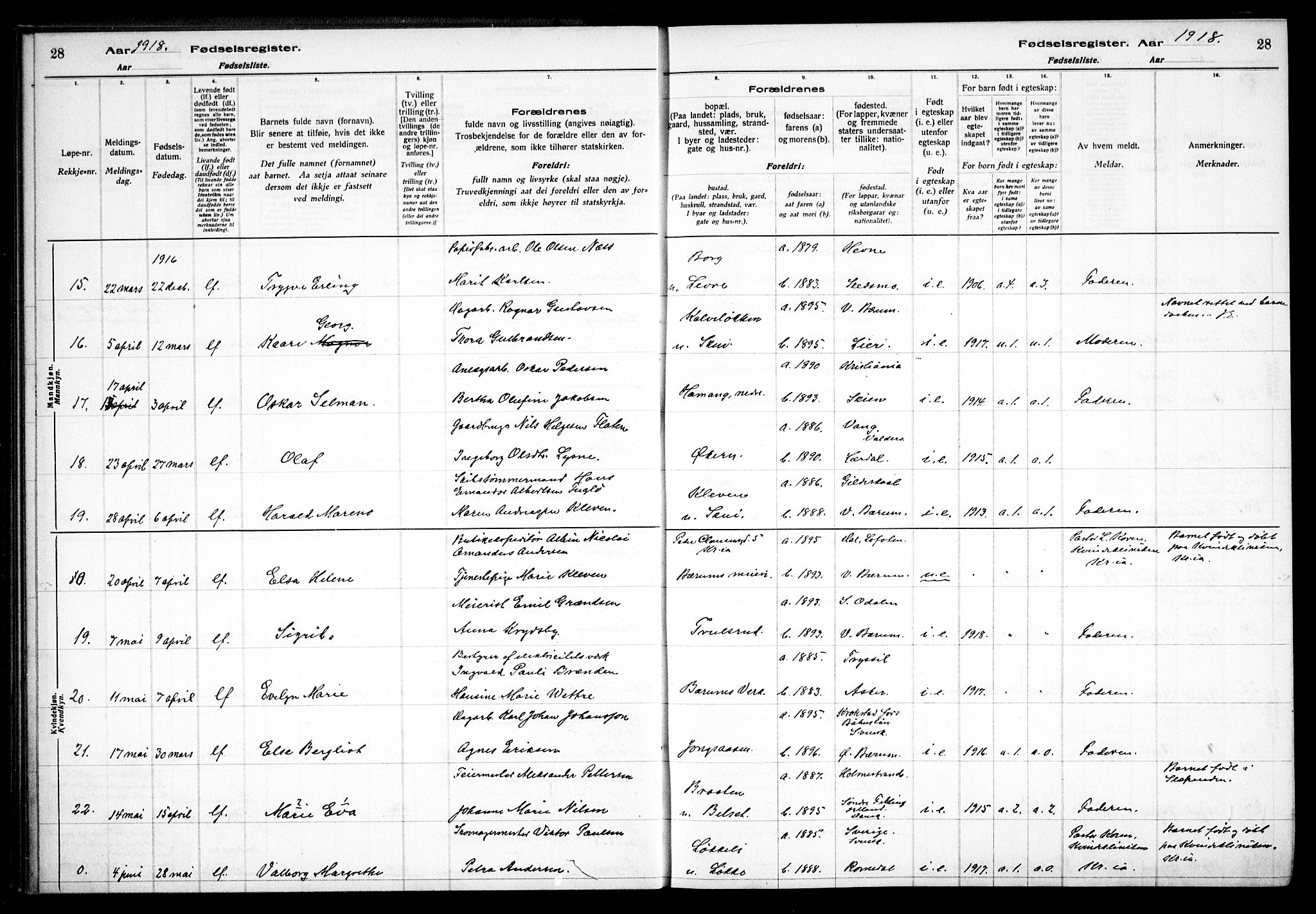 Vestre Bærum prestekontor Kirkebøker, AV/SAO-A-10209a/J/L0001: Birth register no. 1, 1916-1926, p. 28