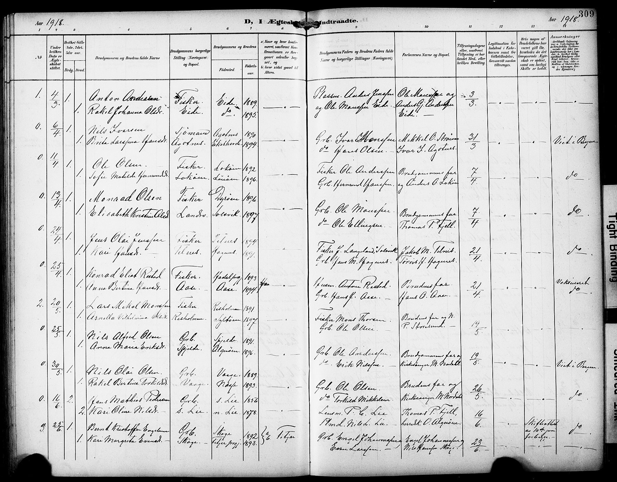 Fjell sokneprestembete, AV/SAB-A-75301/H/Hab: Parish register (copy) no. A 5, 1899-1918, p. 309