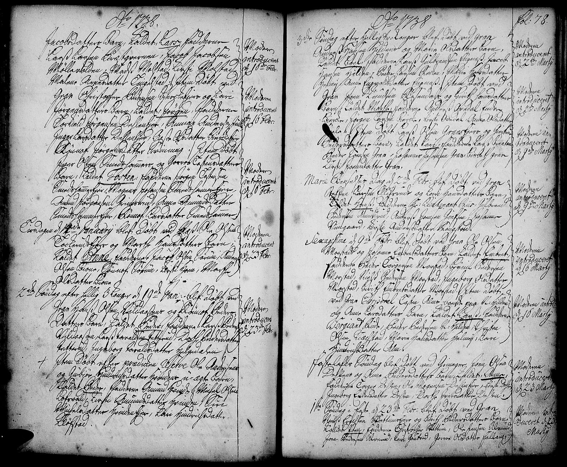Gran prestekontor, SAH/PREST-112/H/Ha/Haa/L0002: Parish register (official) no. 2, 1732-1744, p. 78