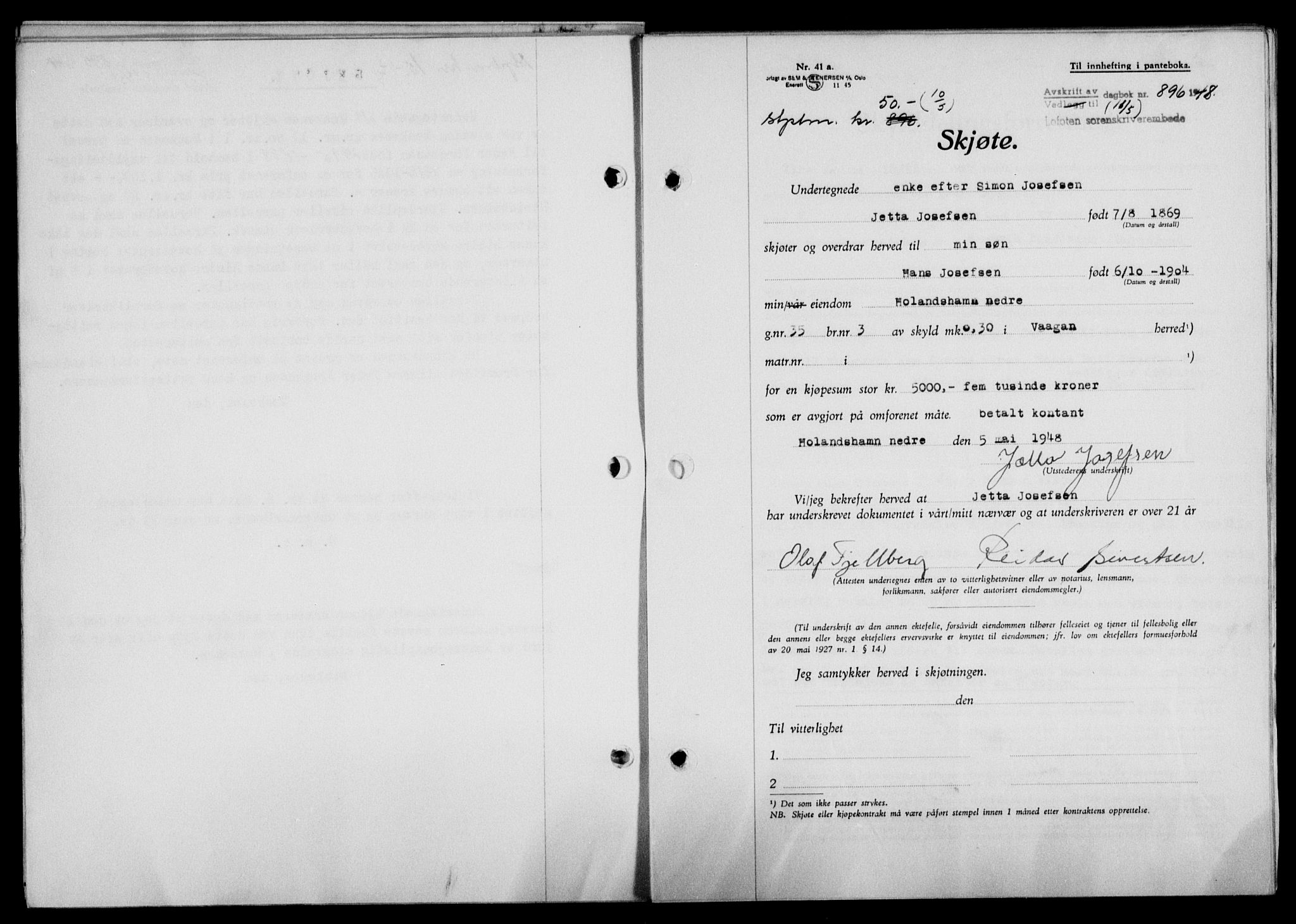 Lofoten sorenskriveri, SAT/A-0017/1/2/2C/L0018a: Mortgage book no. 18a, 1948-1948, Diary no: : 896/1948