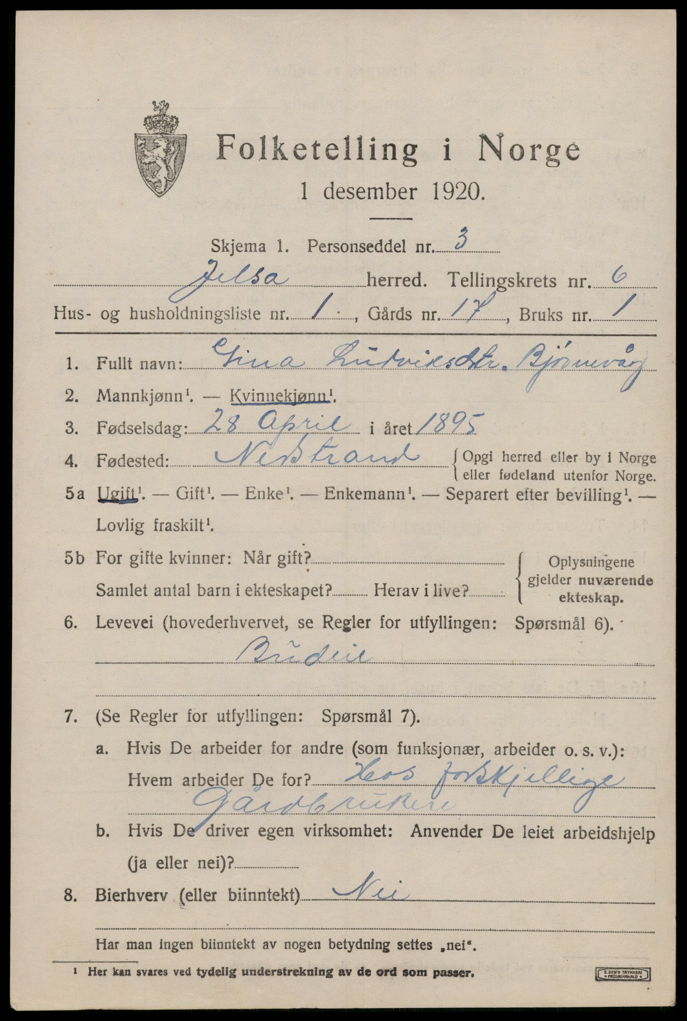 SAST, 1920 census for Jelsa, 1920, p. 1656