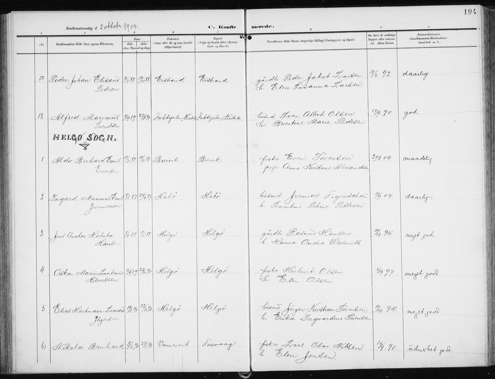 Karlsøy sokneprestembete, AV/SATØ-S-1299/H/Ha/Haa/L0014kirke: Parish register (official) no. 14, 1903-1917, p. 194
