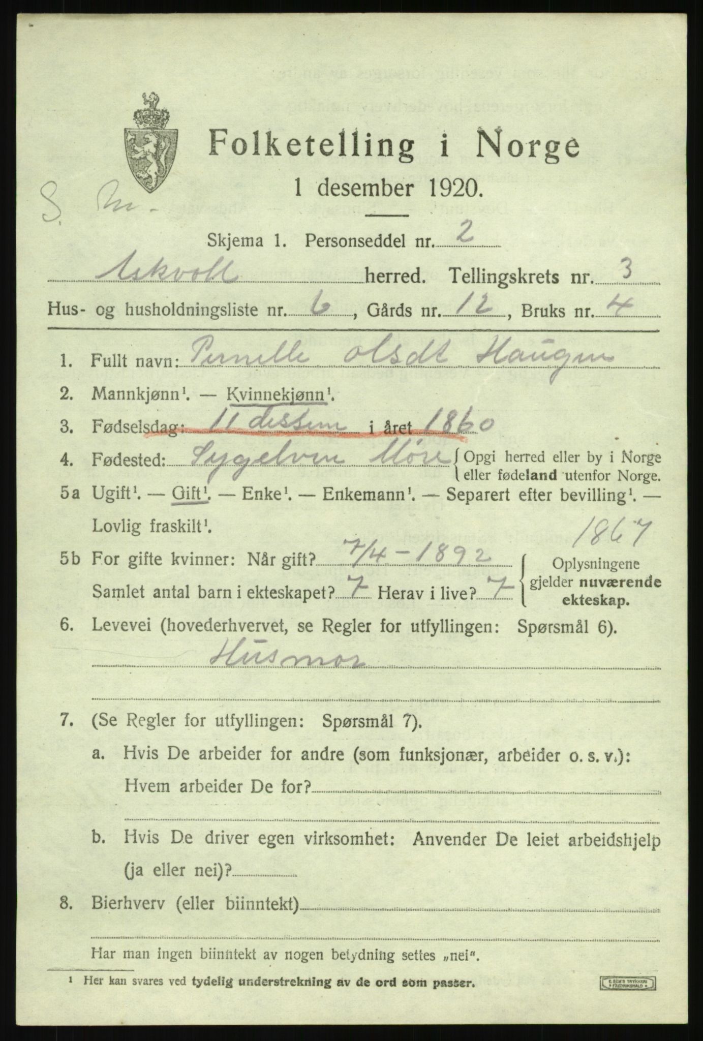 SAB, 1920 census for Askvoll, 1920, p. 2176