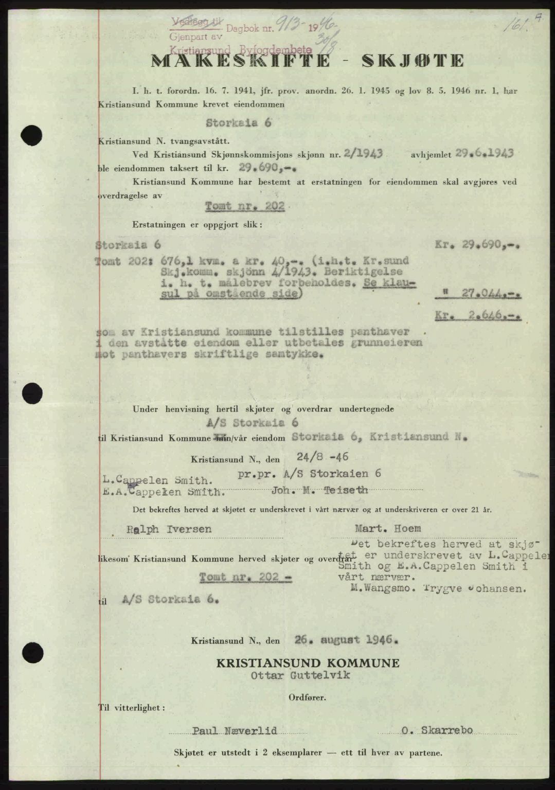 Kristiansund byfogd, AV/SAT-A-4587/A/27: Mortgage book no. 39b, 1946-1947, Diary no: : 913/1946