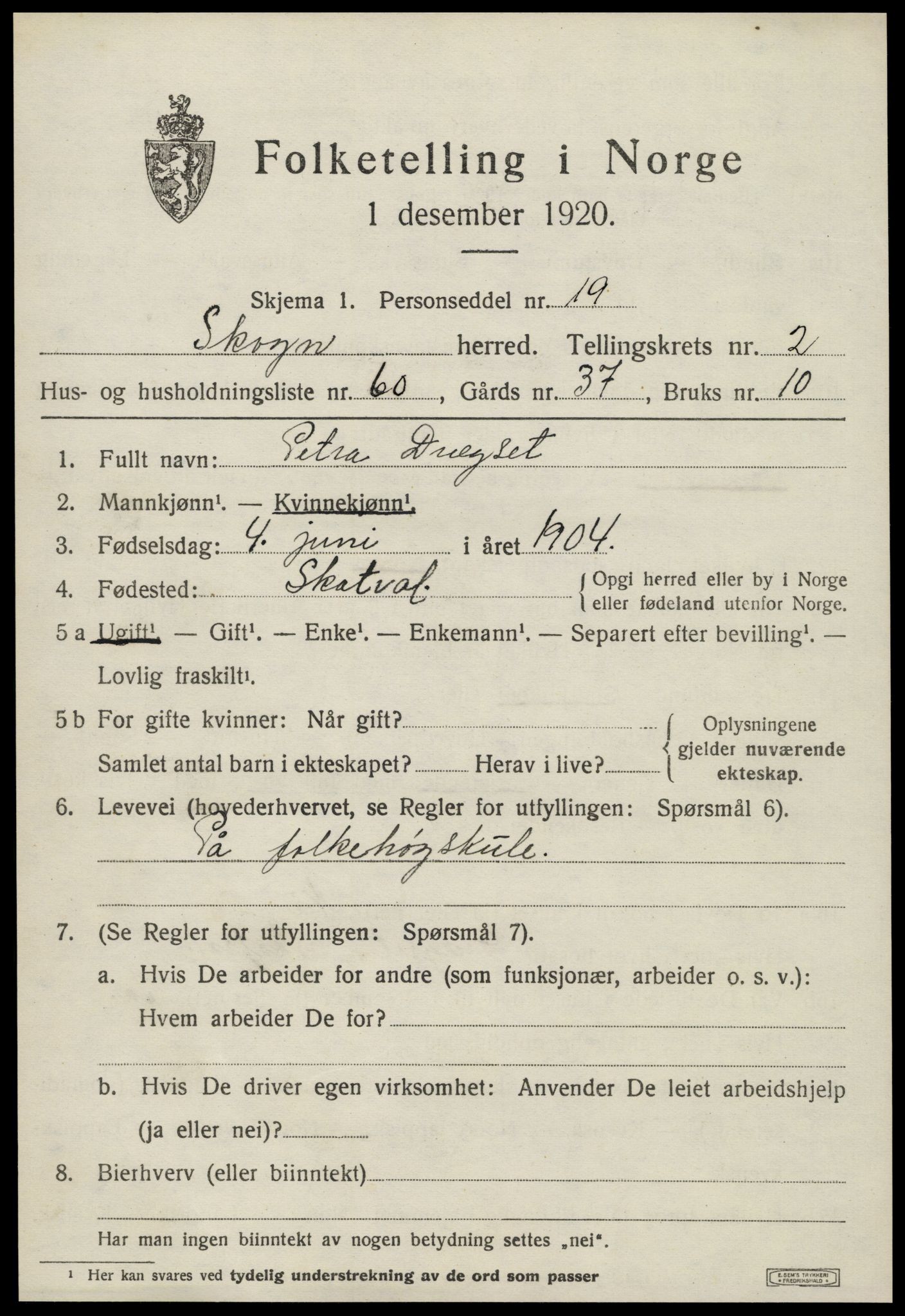 SAT, 1920 census for Skogn, 1920, p. 3683