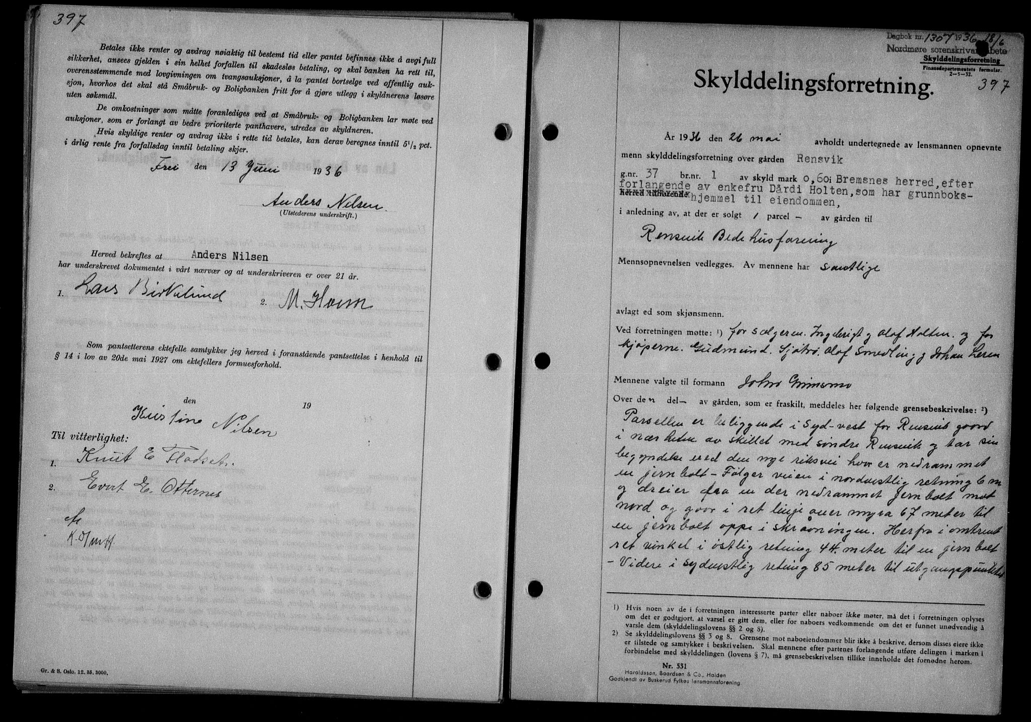 Nordmøre sorenskriveri, AV/SAT-A-4132/1/2/2Ca/L0088: Mortgage book no. 78, 1936-1936, Diary no: : 1307/1936