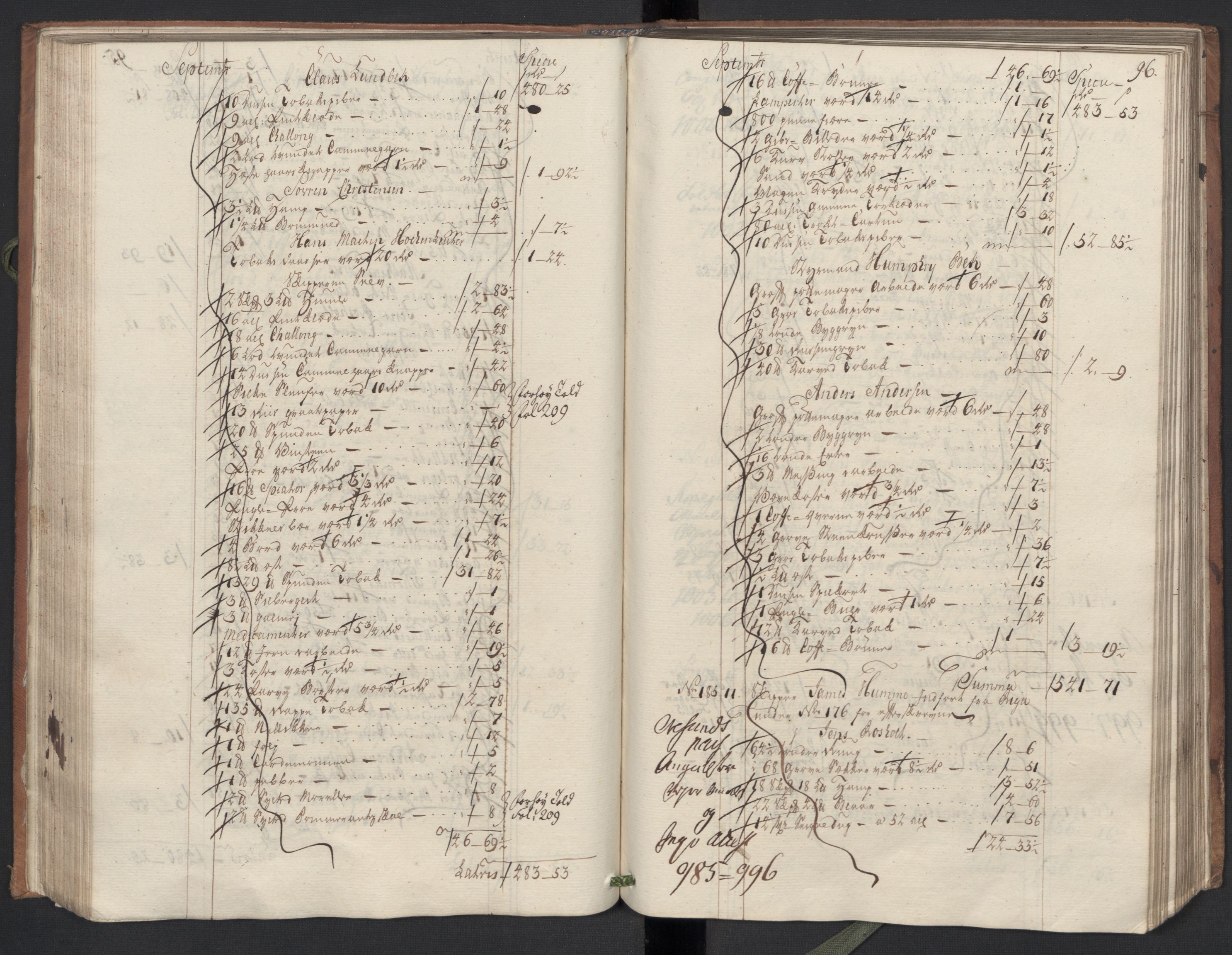 Generaltollkammeret, tollregnskaper, RA/EA-5490/R33/L0047/0001: Tollregnskaper Trondheim A / Inngående hovedtollbok, 1756, p. 95b-96a