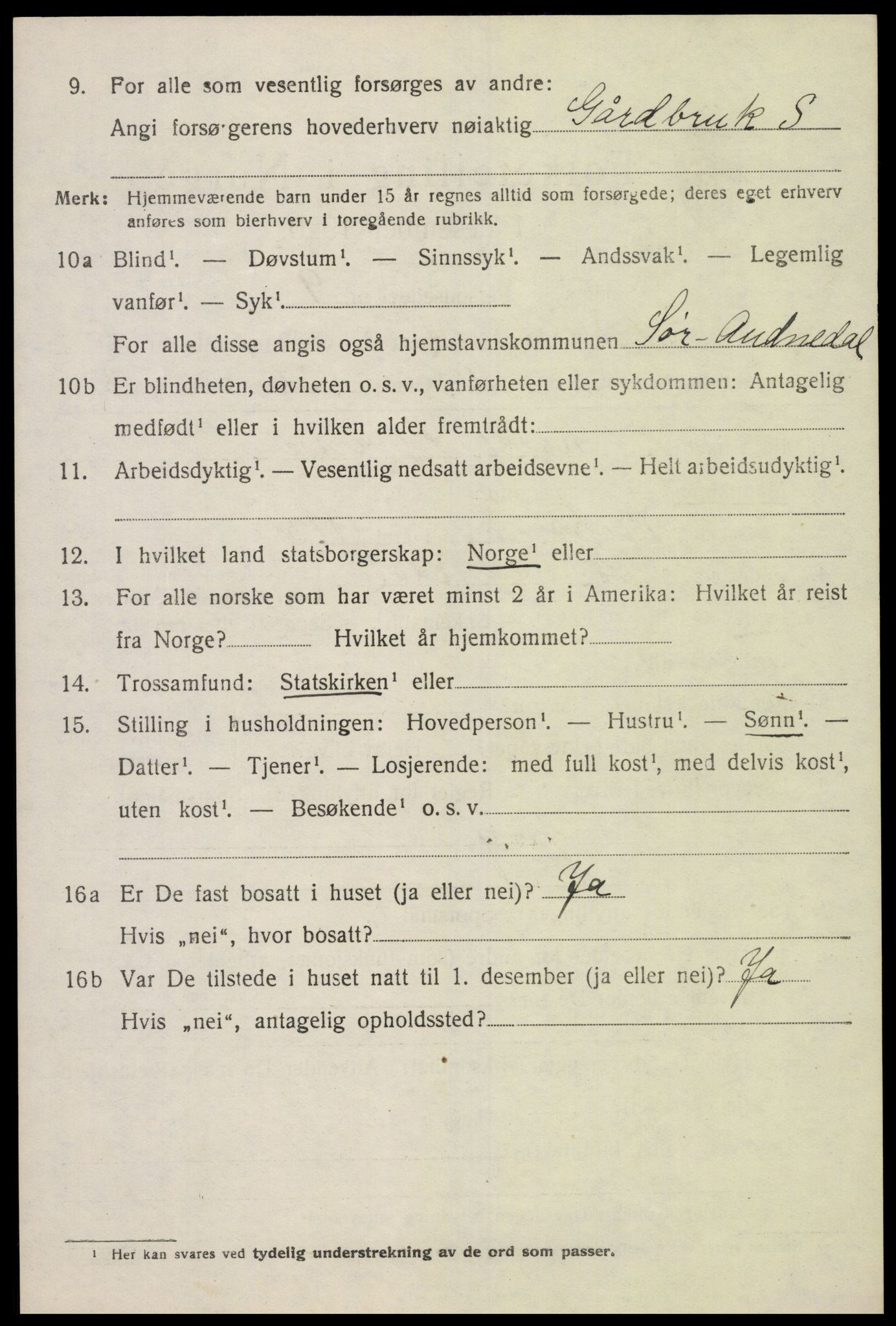 SAK, 1920 census for Sør-Audnedal, 1920, p. 2590