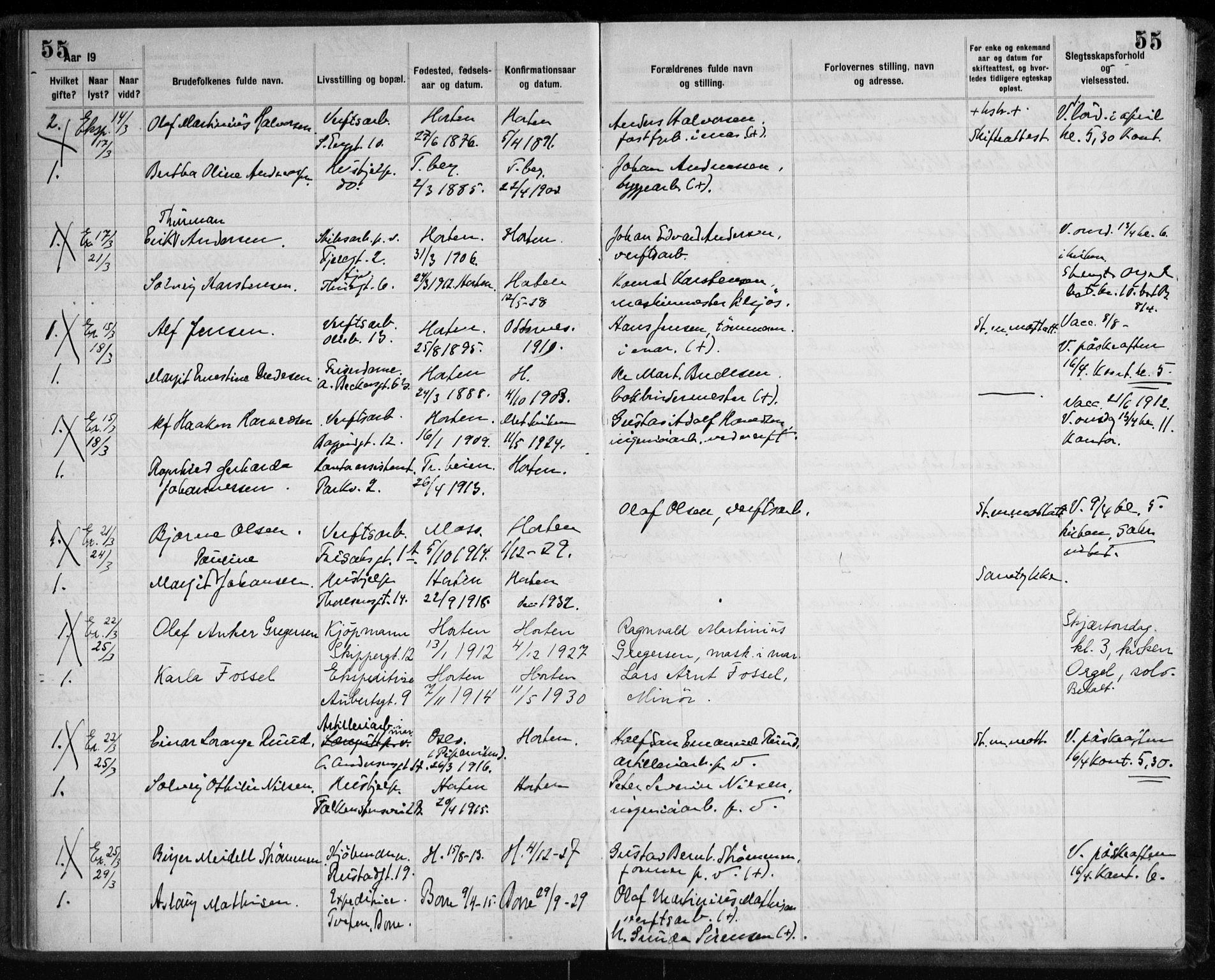 Horten kirkebøker, AV/SAKO-A-348/H/Ha/L0007: Banns register no. 7, 1934-1947, p. 55