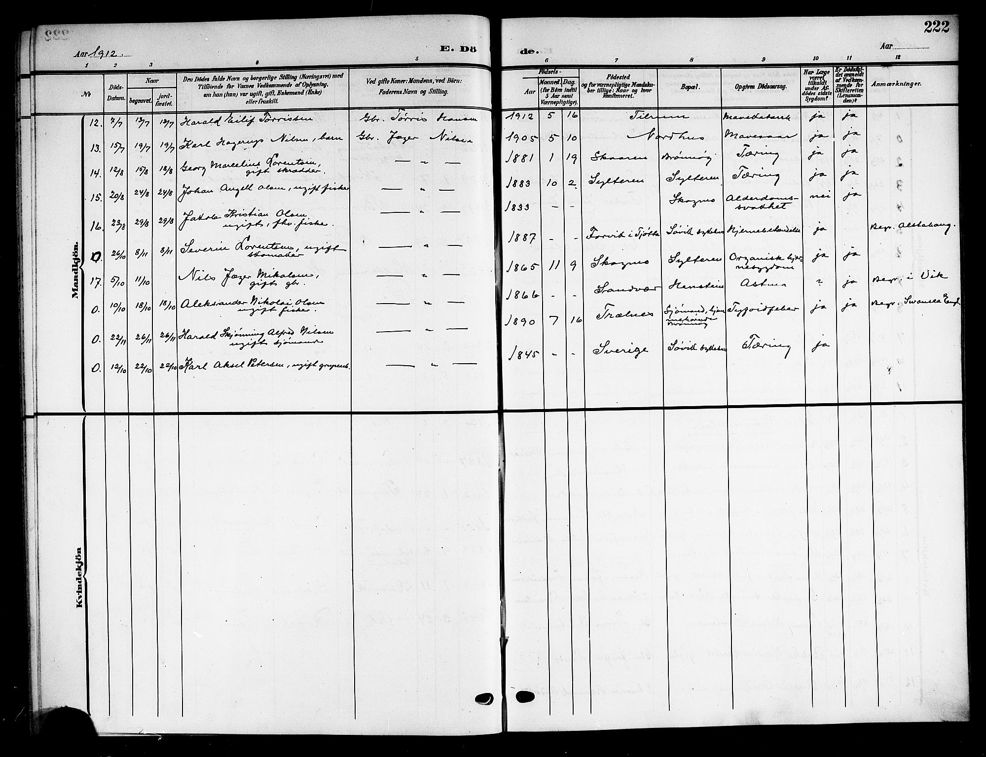 Ministerialprotokoller, klokkerbøker og fødselsregistre - Nordland, SAT/A-1459/813/L0214: Parish register (copy) no. 813C06, 1904-1917, p. 222