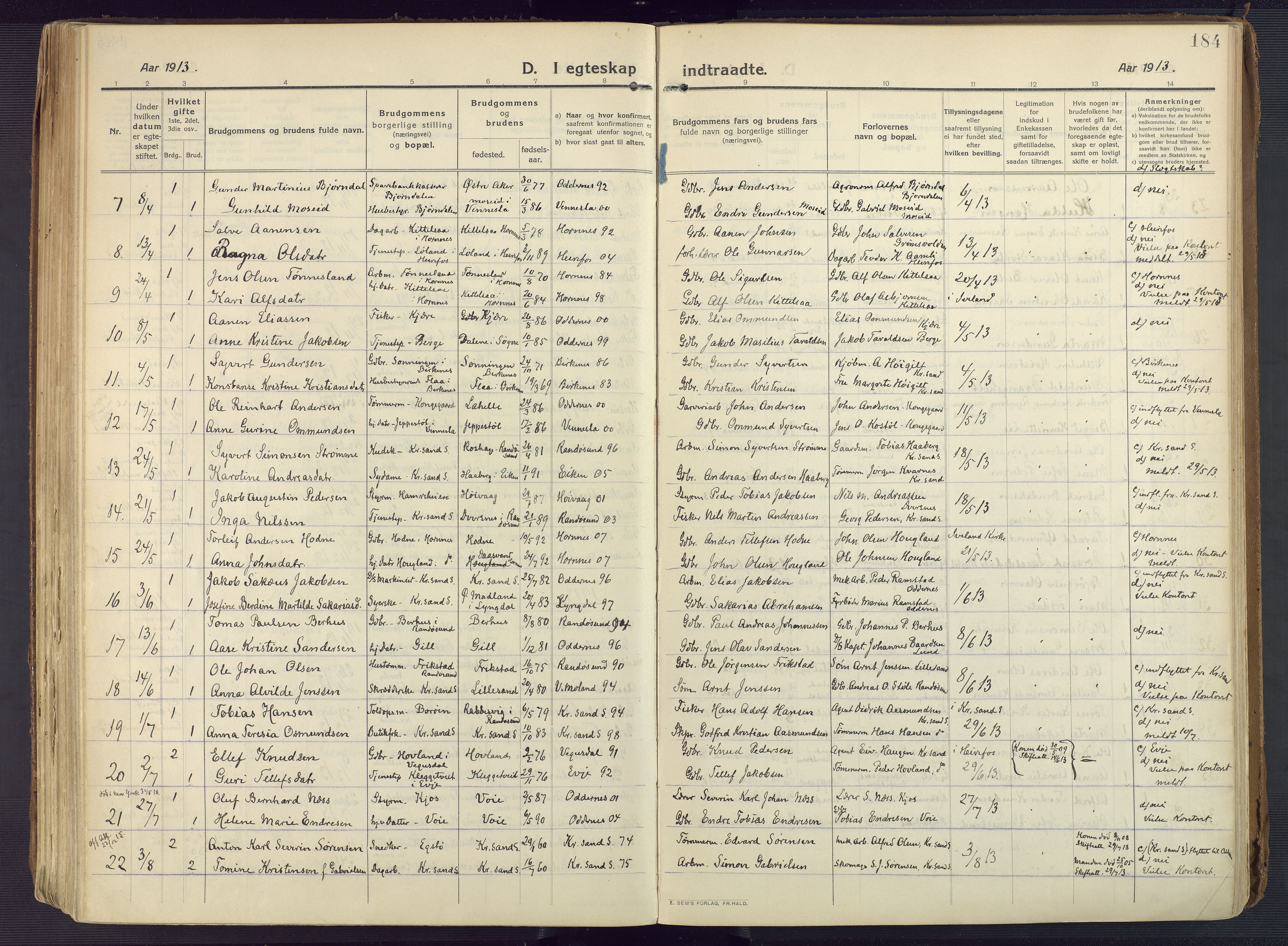 Oddernes sokneprestkontor, AV/SAK-1111-0033/F/Fa/Faa/L0012: Parish register (official) no. A 12, 1912-1925, p. 184