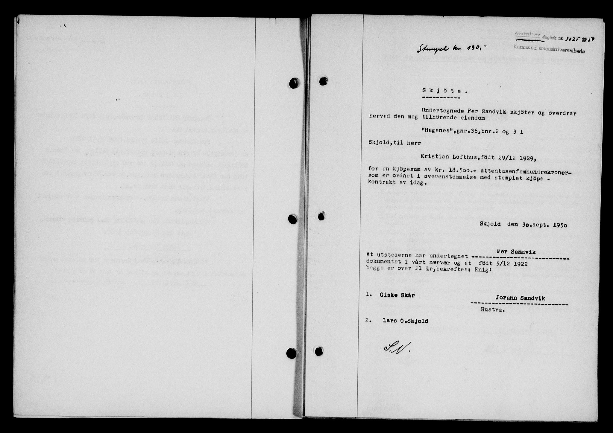 Karmsund sorenskriveri, SAST/A-100311/01/II/IIB/L0101: Mortgage book no. 81A, 1950-1951, Diary no: : 3025/1950