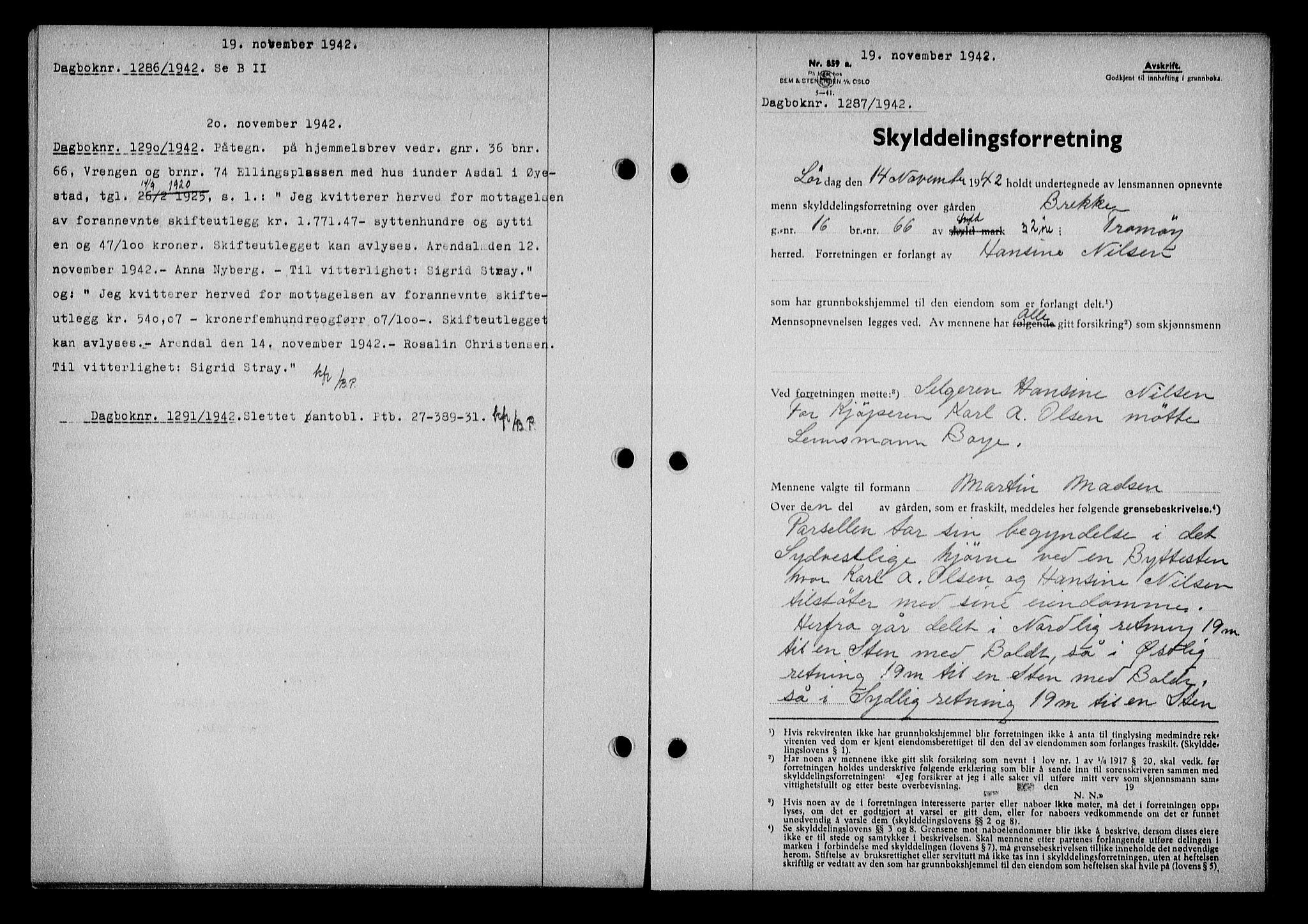 Nedenes sorenskriveri, SAK/1221-0006/G/Gb/Gba/L0050: Mortgage book no. A-IV, 1942-1943, Diary no: : 1287/1942
