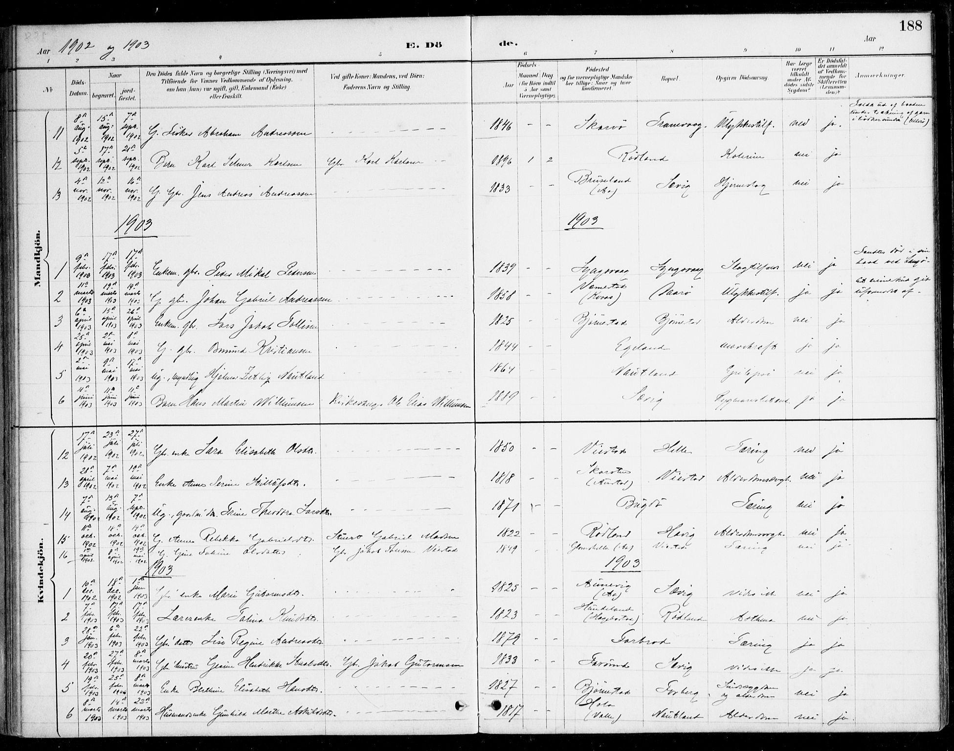 Herad sokneprestkontor, SAK/1111-0018/F/Fa/Fab/L0005: Parish register (official) no. A 5, 1886-1913, p. 188
