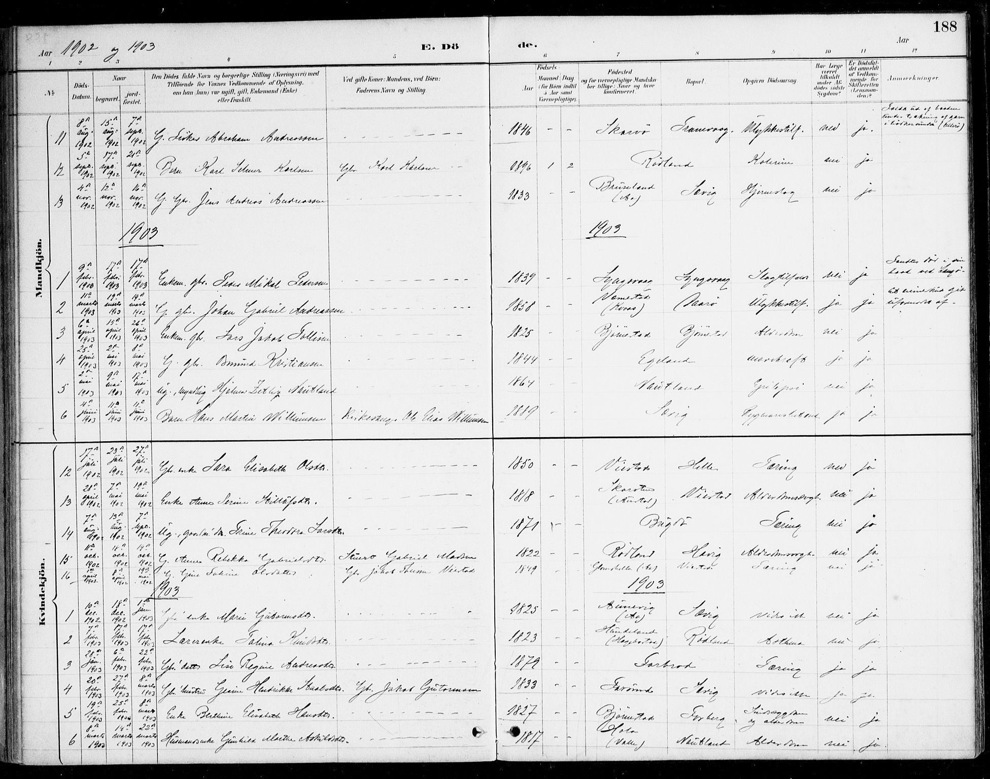 Herad sokneprestkontor, AV/SAK-1111-0018/F/Fa/Fab/L0005: Parish register (official) no. A 5, 1886-1913, p. 188