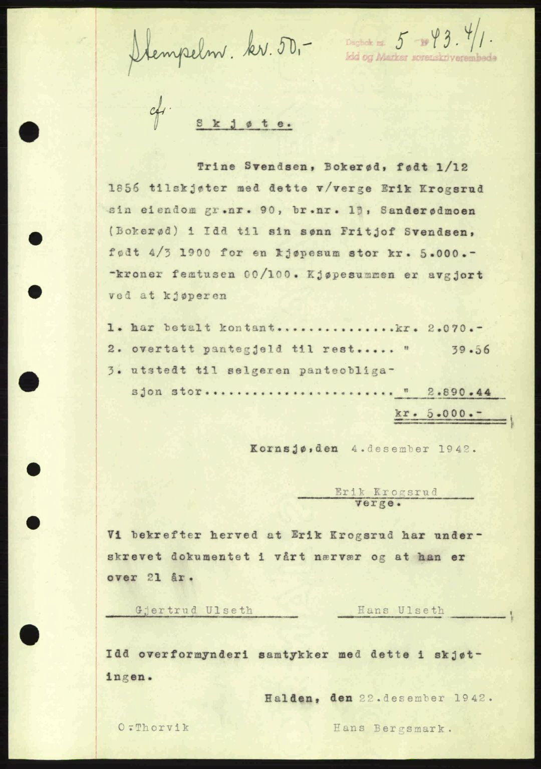 Idd og Marker sorenskriveri, AV/SAO-A-10283/G/Gb/Gbb/L0005: Mortgage book no. A5, 1941-1943, Diary no: : 5/1943