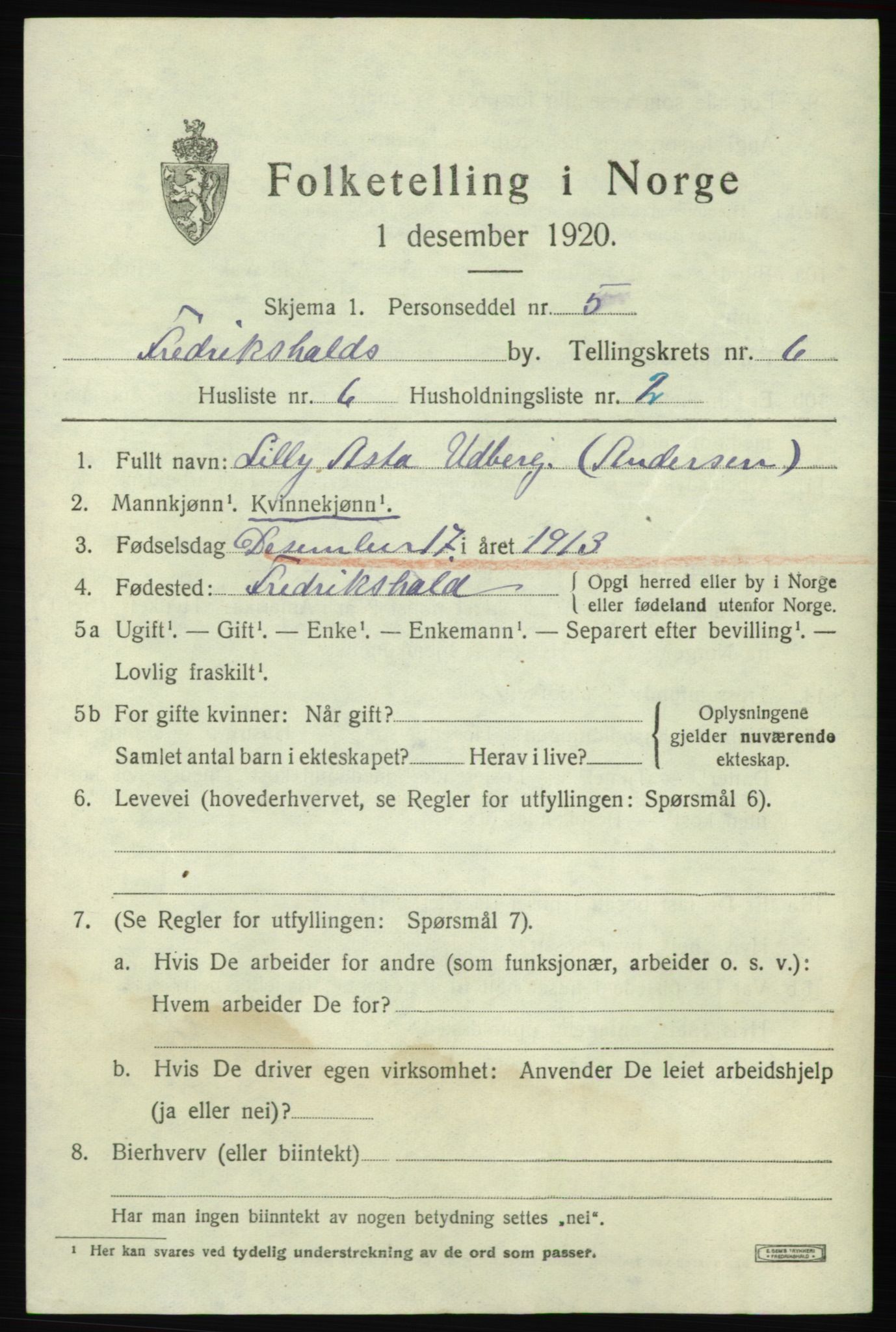 SAO, 1920 census for Fredrikshald, 1920, p. 12908