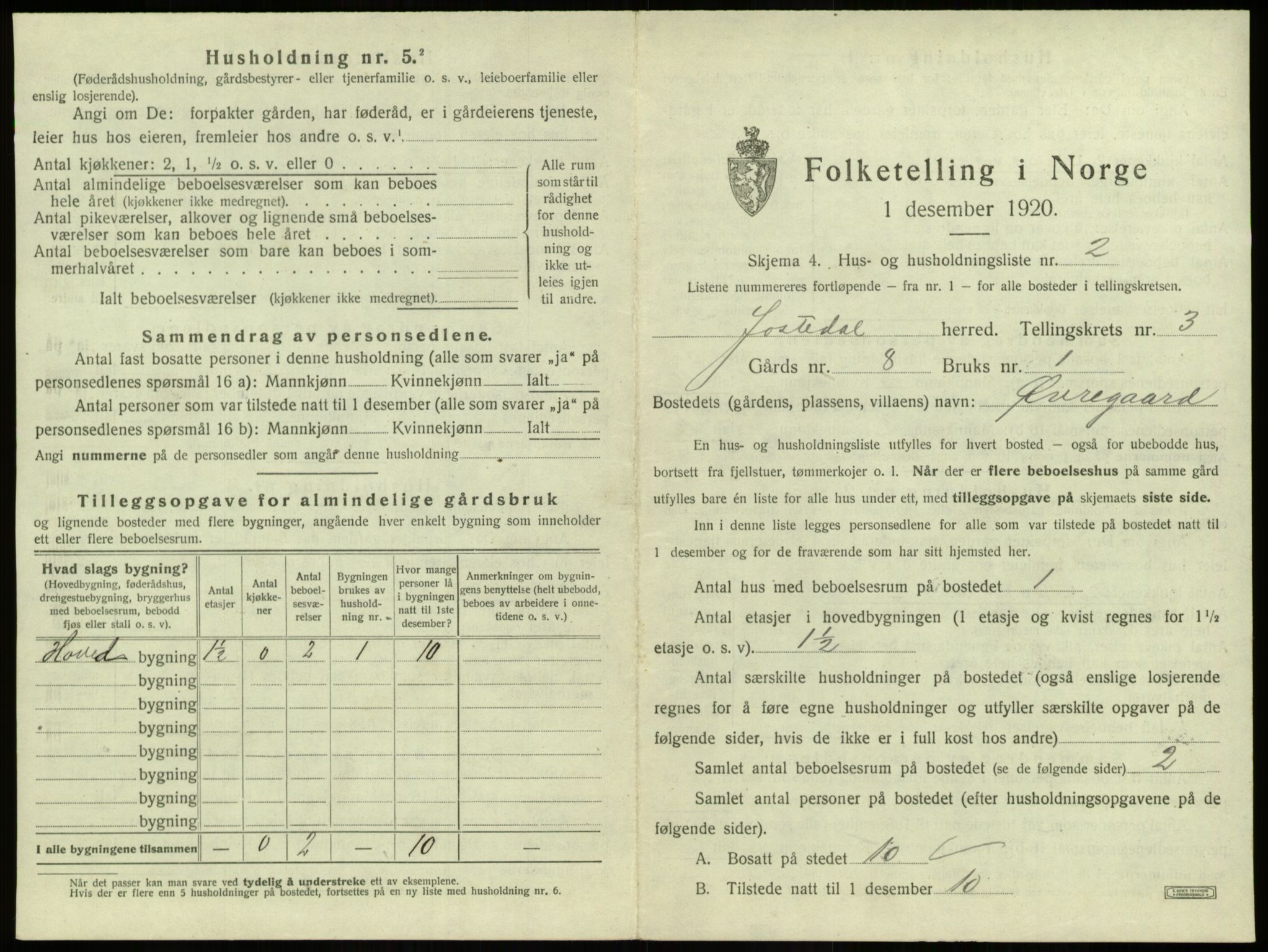 SAB, 1920 census for Jostedal, 1920, p. 132