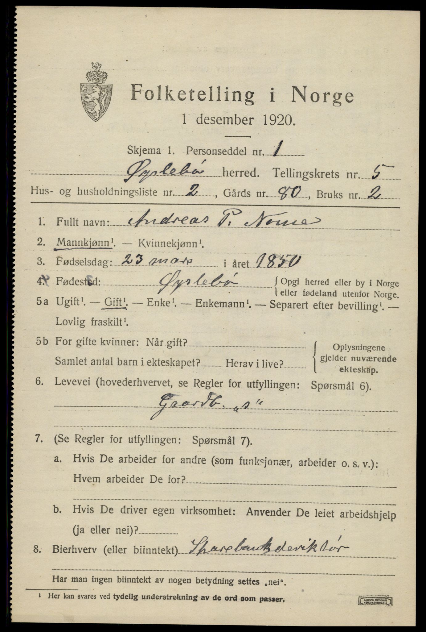 SAK, 1920 census for Øyslebø, 1920, p. 1296