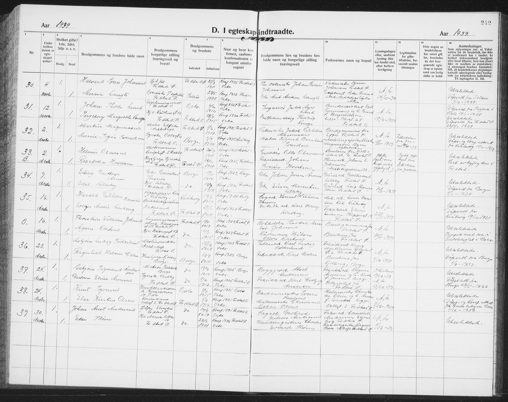 Østre Fredrikstad prestekontor Kirkebøker, AV/SAO-A-10907/G/Ga/L0003: Parish register (copy) no. 3, 1920-1940, p. 242