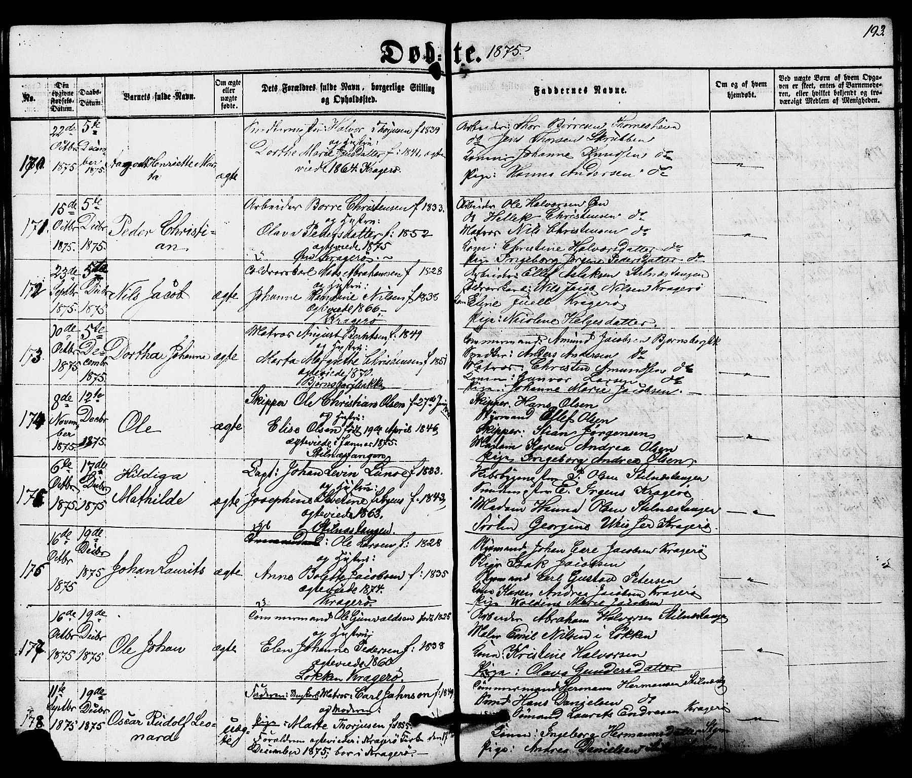 Kragerø kirkebøker, AV/SAKO-A-278/G/Ga/L0005: Parish register (copy) no. 5, 1865-1881, p. 193