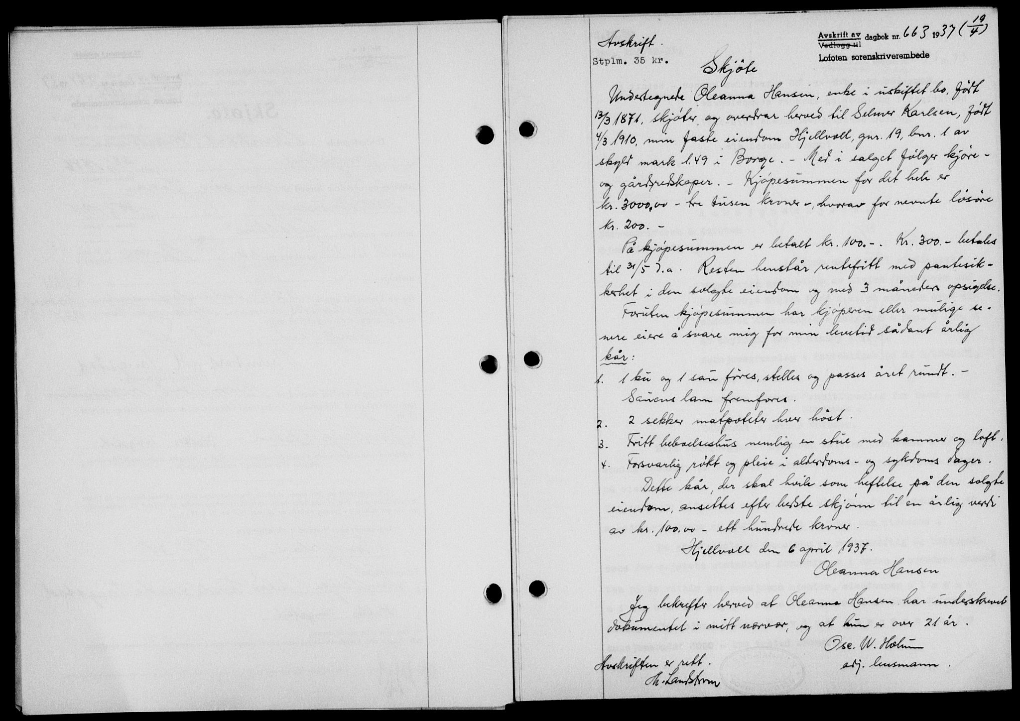 Lofoten sorenskriveri, SAT/A-0017/1/2/2C/L0002a: Mortgage book no. 2a, 1937-1937, Diary no: : 663/1937