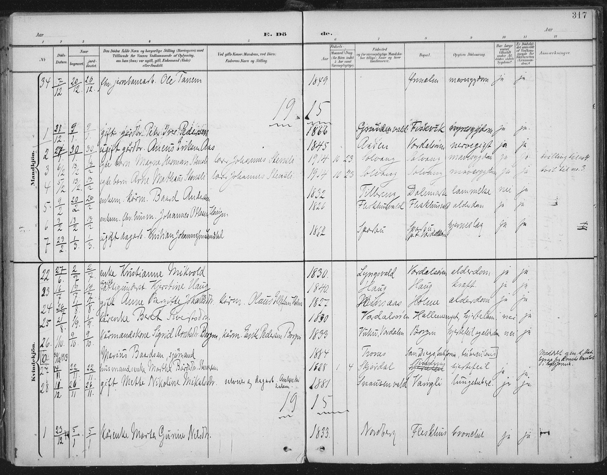 Ministerialprotokoller, klokkerbøker og fødselsregistre - Nord-Trøndelag, SAT/A-1458/723/L0246: Parish register (official) no. 723A15, 1900-1917, p. 317