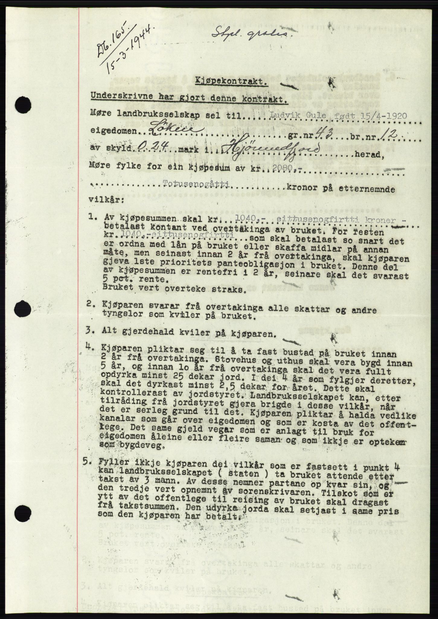 Søre Sunnmøre sorenskriveri, SAT/A-4122/1/2/2C/L0076: Mortgage book no. 2A, 1943-1944, Diary no: : 165/1944