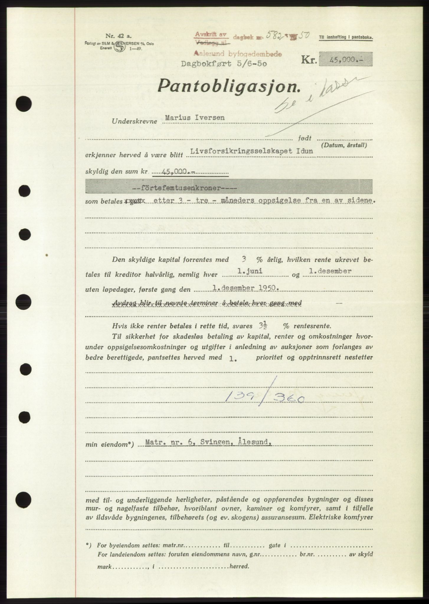 Ålesund byfogd, AV/SAT-A-4384: Mortgage book no. B36-38, 1948-1950, Diary no: : 582/1950