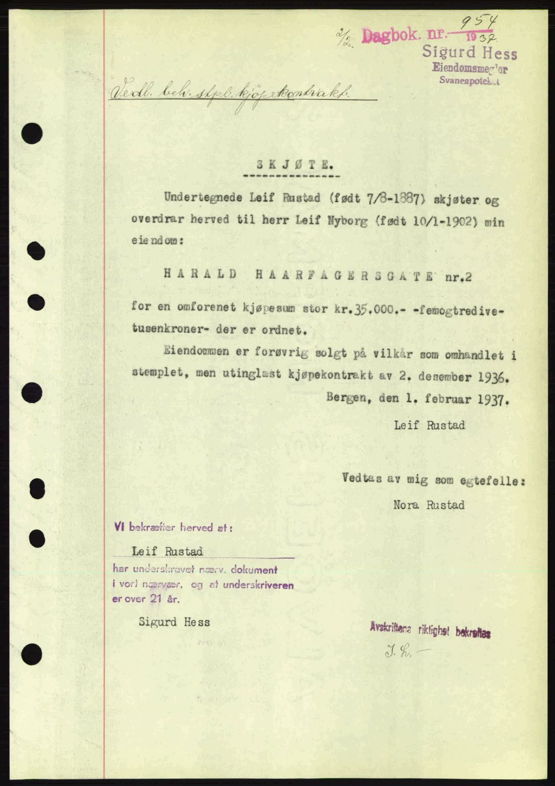 Byfogd og Byskriver i Bergen, SAB/A-3401/03/03Bc/L0004: Mortgage book no. A3-4, 1936-1937, Diary no: : 954/1937