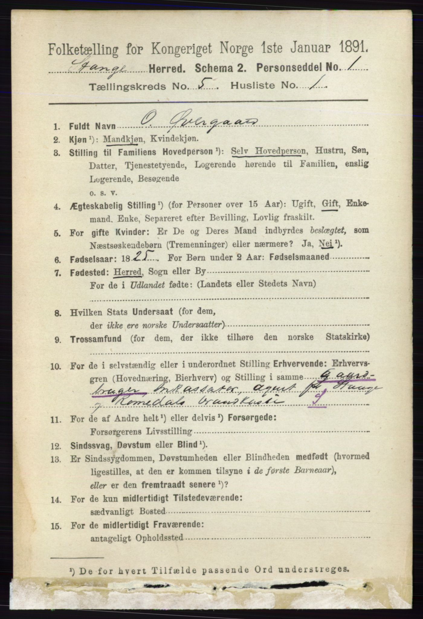 RA, 1891 census for 0417 Stange, 1891, p. 3096