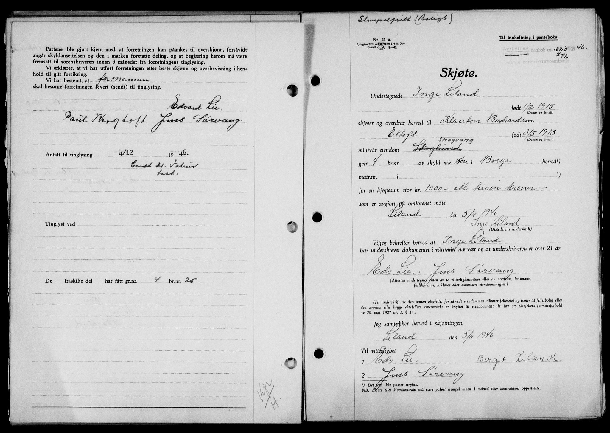 Lofoten sorenskriveri, SAT/A-0017/1/2/2C/L0015a: Mortgage book no. 15a, 1946-1947, Diary no: : 1823/1946