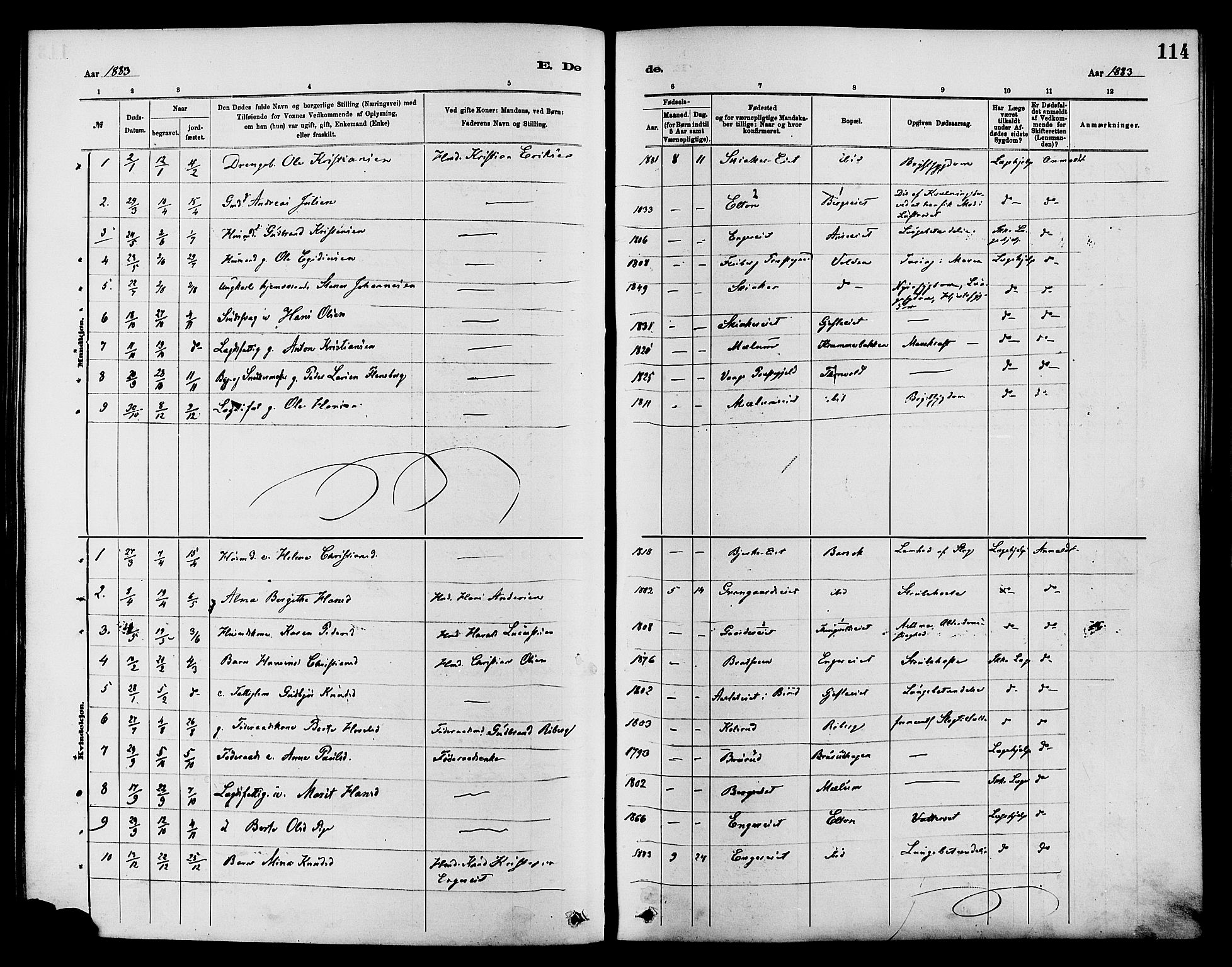 Nordre Land prestekontor, AV/SAH-PREST-124/H/Ha/Haa/L0003: Parish register (official) no. 3, 1882-1896, p. 114