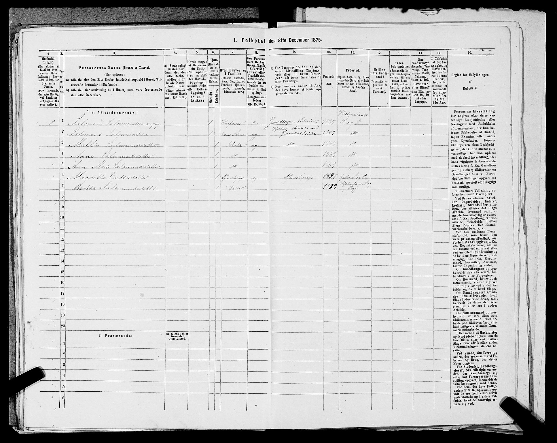 SAST, 1875 census for 1133P Hjelmeland, 1875, p. 190