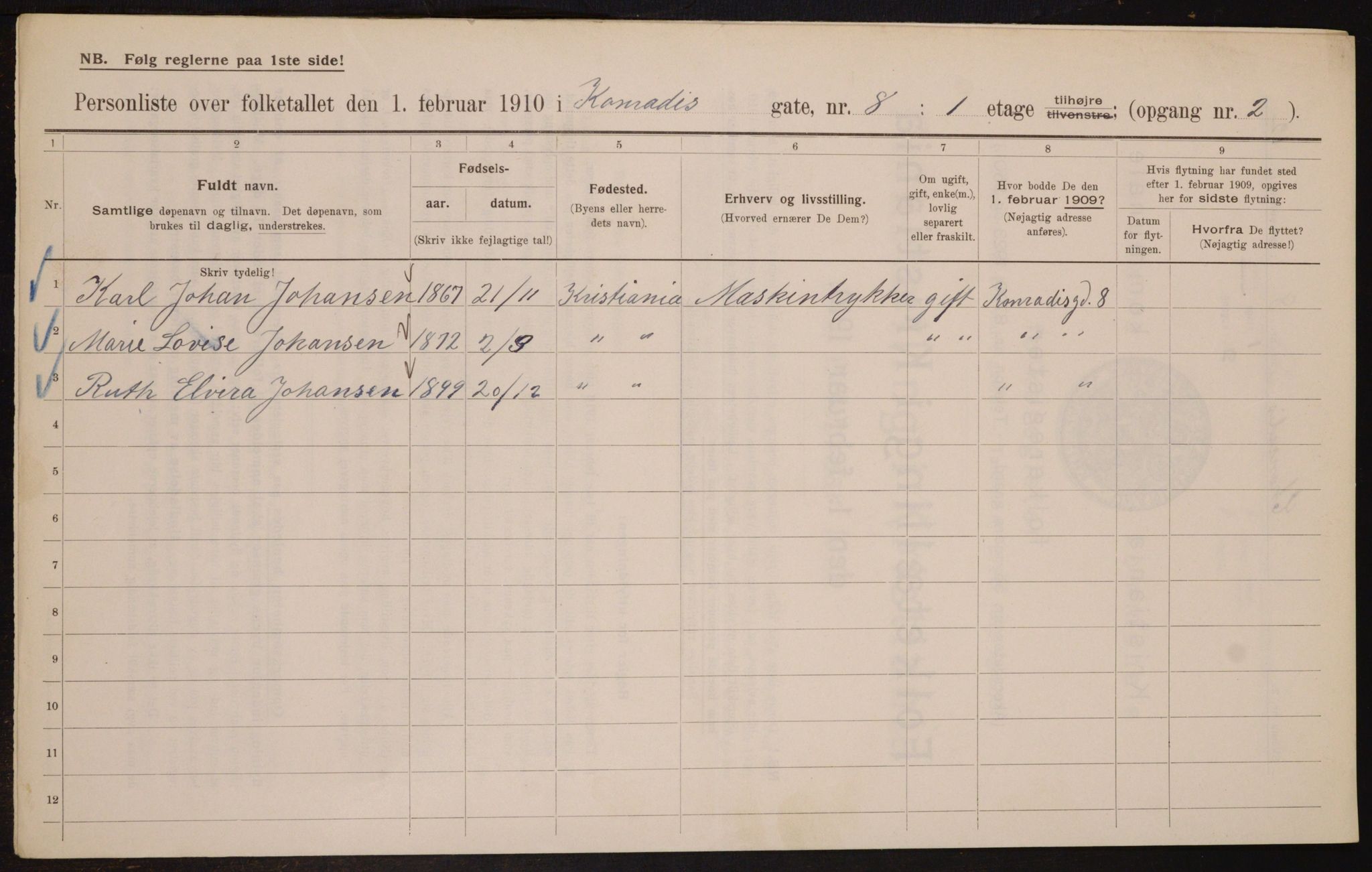 OBA, Municipal Census 1910 for Kristiania, 1910, p. 13030