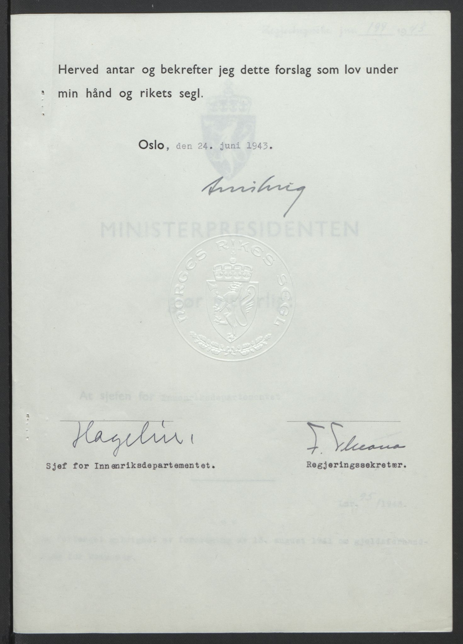 NS-administrasjonen 1940-1945 (Statsrådsekretariatet, de kommisariske statsråder mm), RA/S-4279/D/Db/L0099: Lover, 1943, p. 435