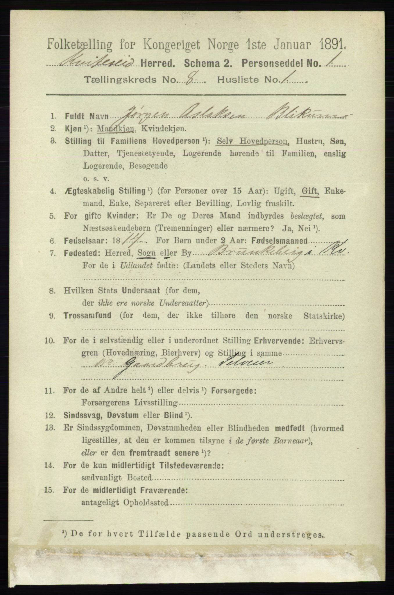 RA, 1891 census for 0829 Kviteseid, 1891, p. 1604