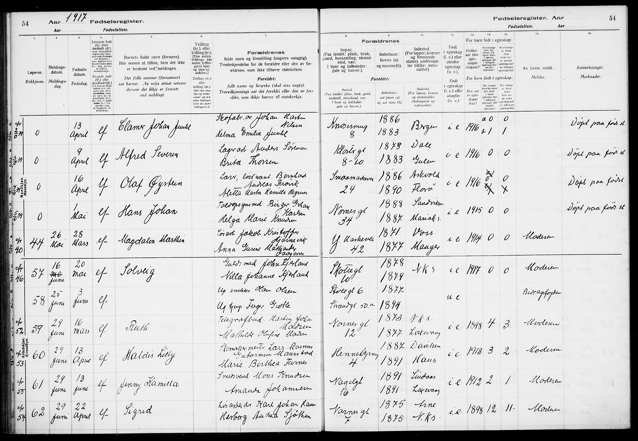 Nykirken Sokneprestembete, AV/SAB-A-77101/I/Id/L00A1: Birth register no. A 1, 1916-1922, p. 54