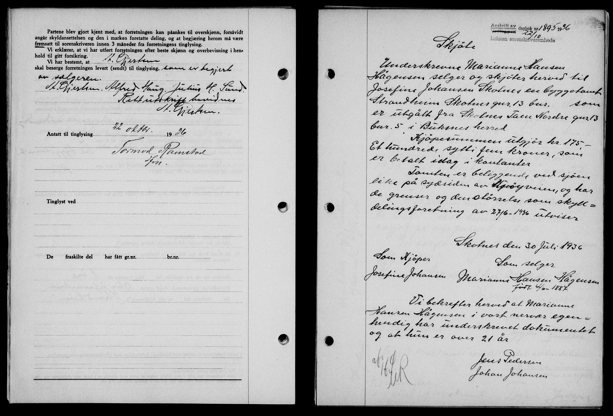 Lofoten sorenskriveri, SAT/A-0017/1/2/2C/L0001a: Mortgage book no. 1a, 1936-1937, Diary no: : 1895/1936
