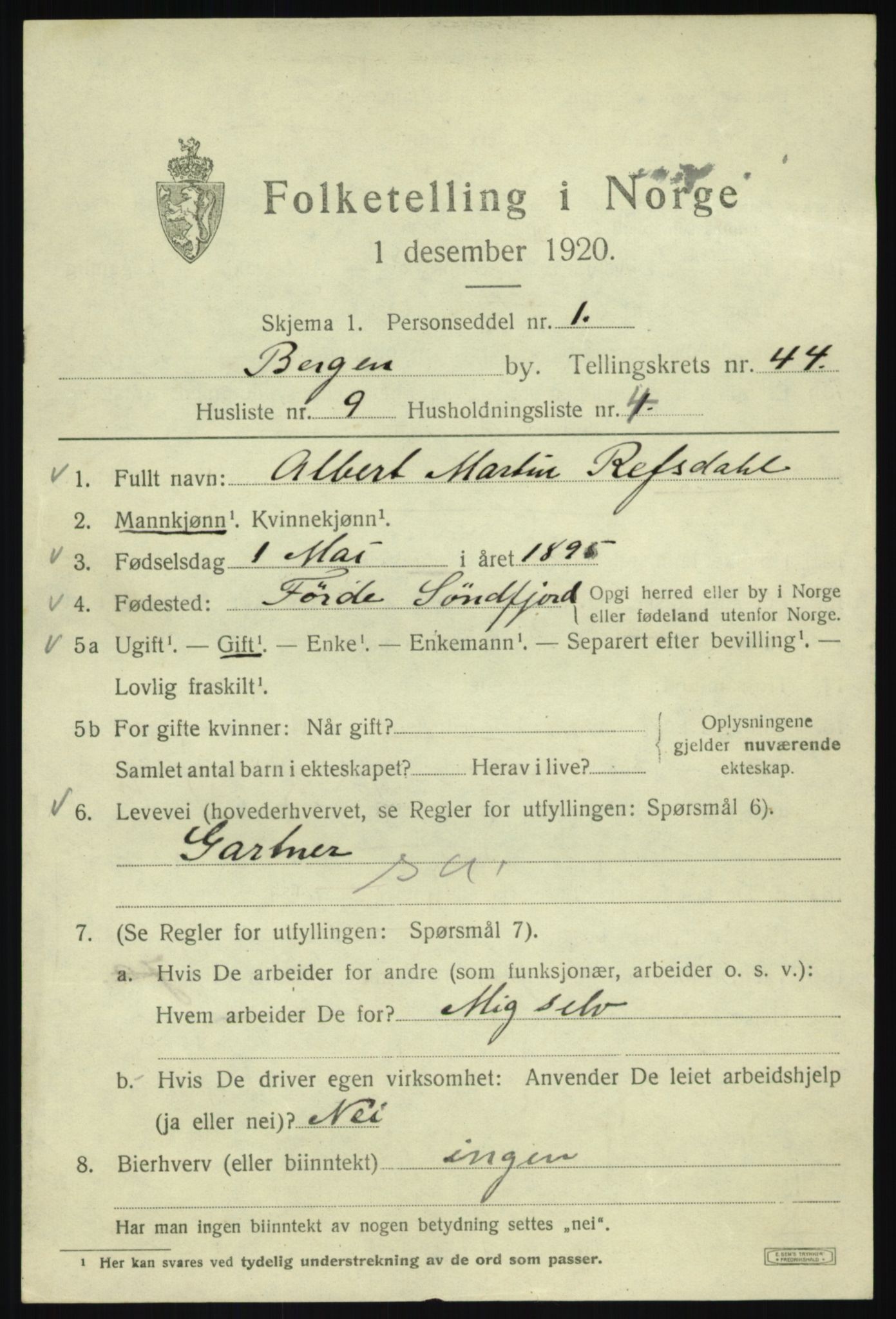 SAB, 1920 census for Bergen, 1920, p. 112631
